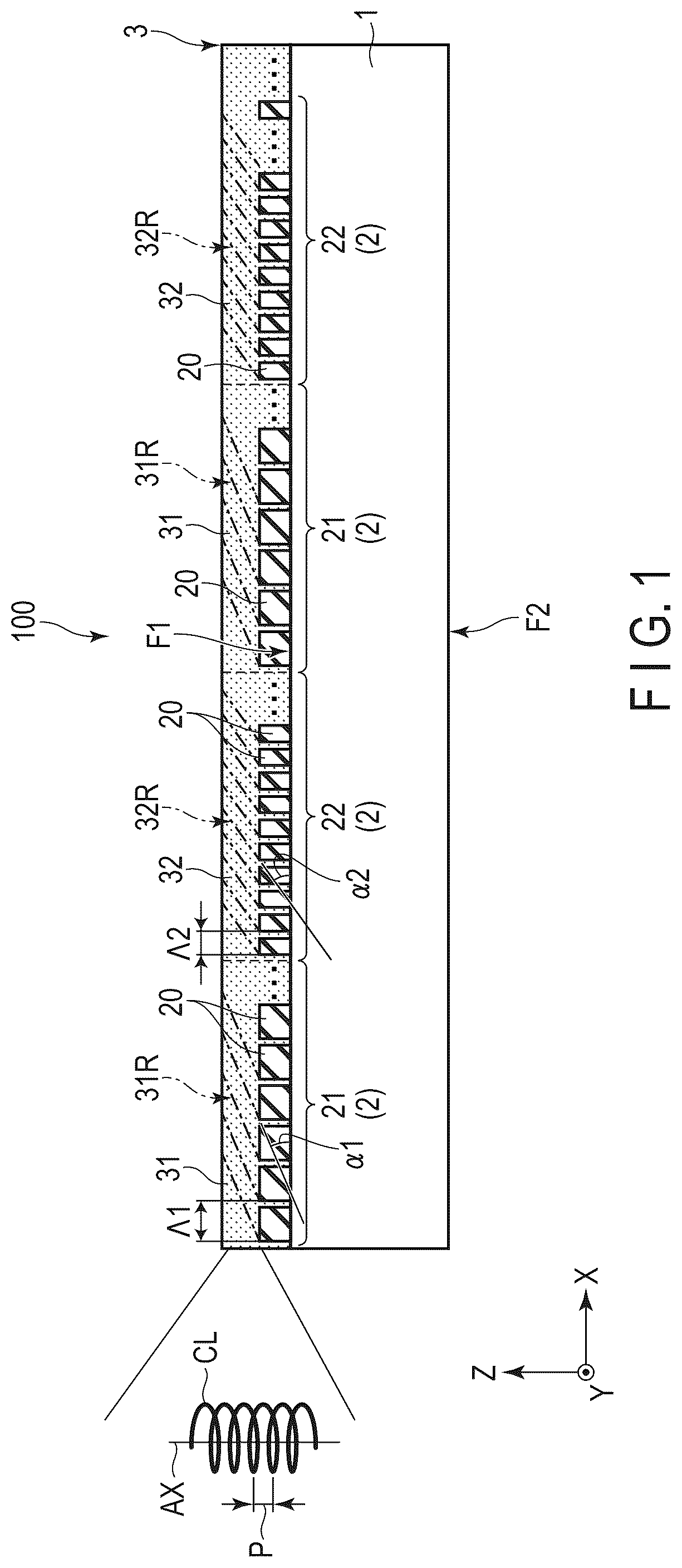 Patent US12313940 — Liquid crystal optical element comprising an alignment control layer having a plurality of convex bodies — Figure 1