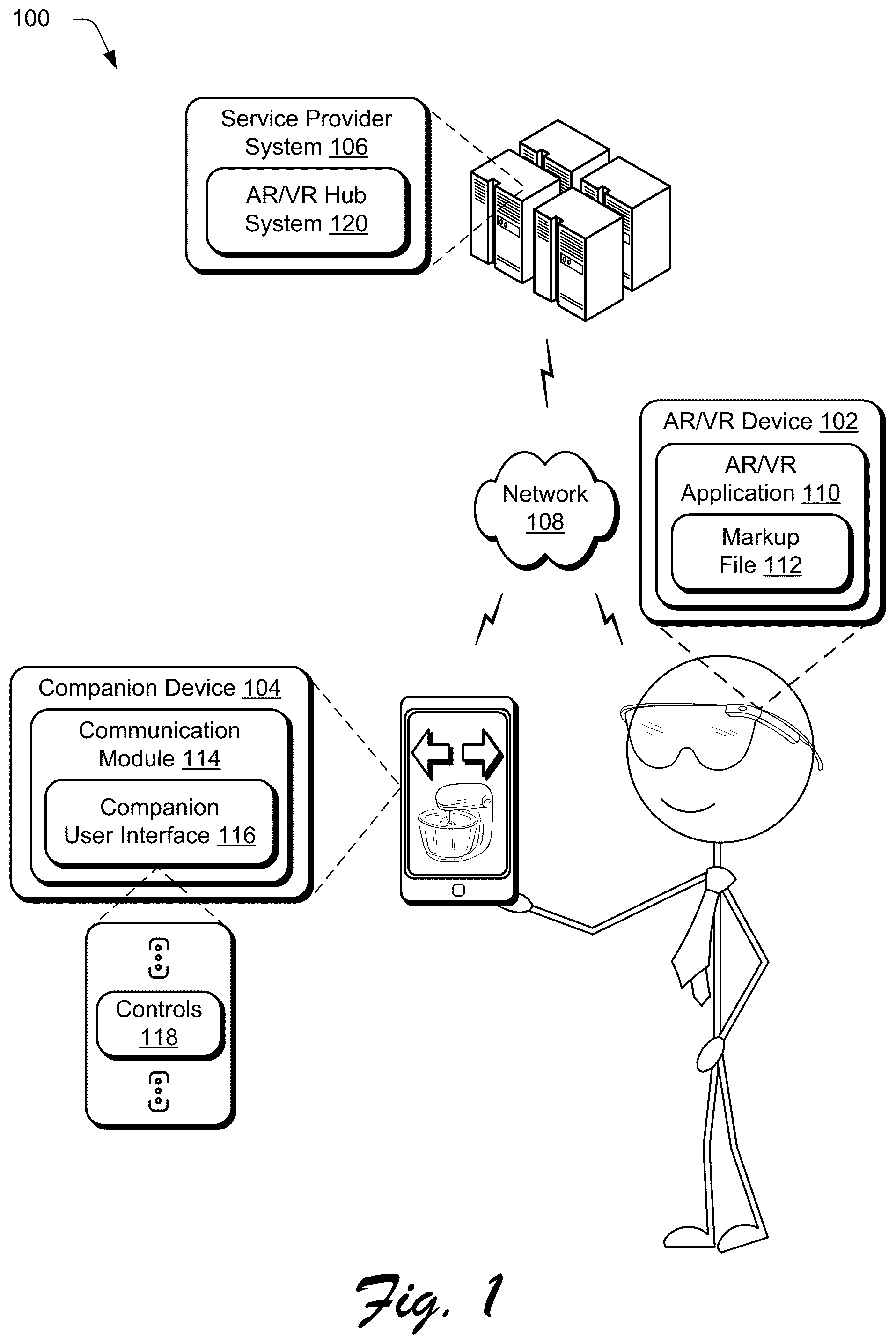 Patent US12314496 Figure 1 – Synchronizing augmented or virtual reality (AR/VR) applications with companion device interfaces