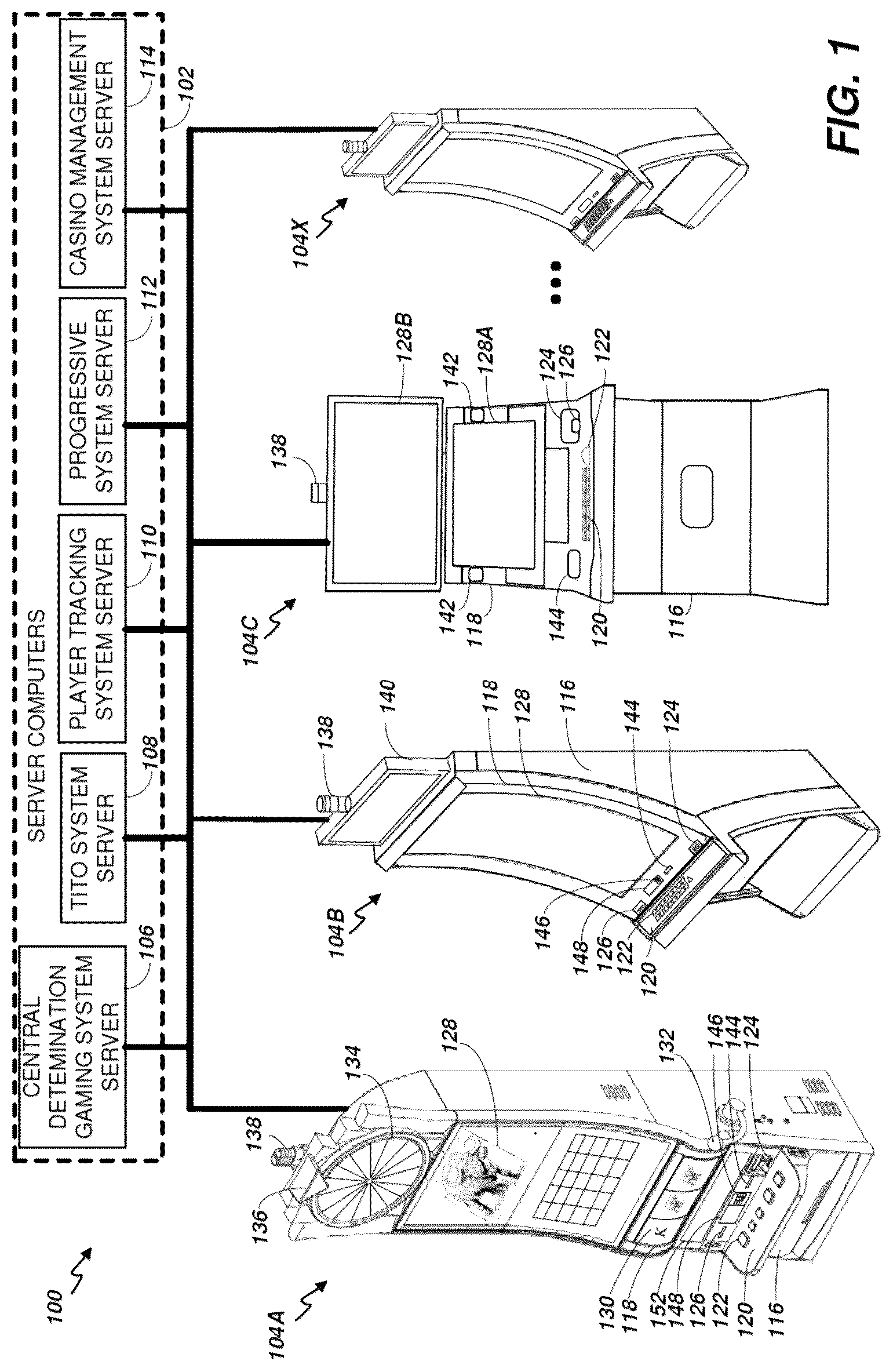 Patent US12315328 — Electronic gaming machine and system having visual persistence element and eligibility criterion with increasing height substituted reels and multipliers — Figure 1