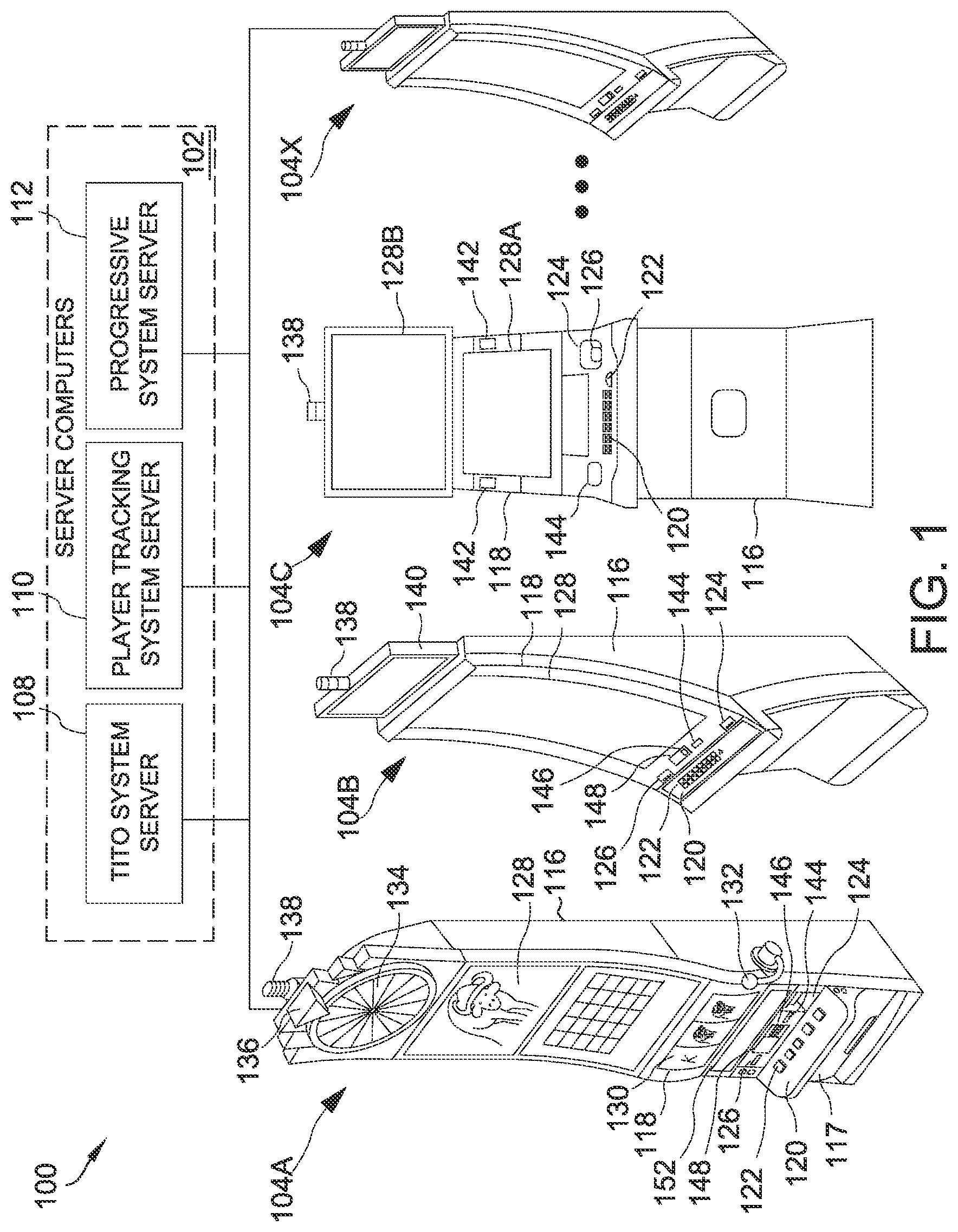 Patent US12315336 Figure 1 – Electronic gaming system and method for managing funds transfer based upon proximity of a mobile device to a geofenced zone