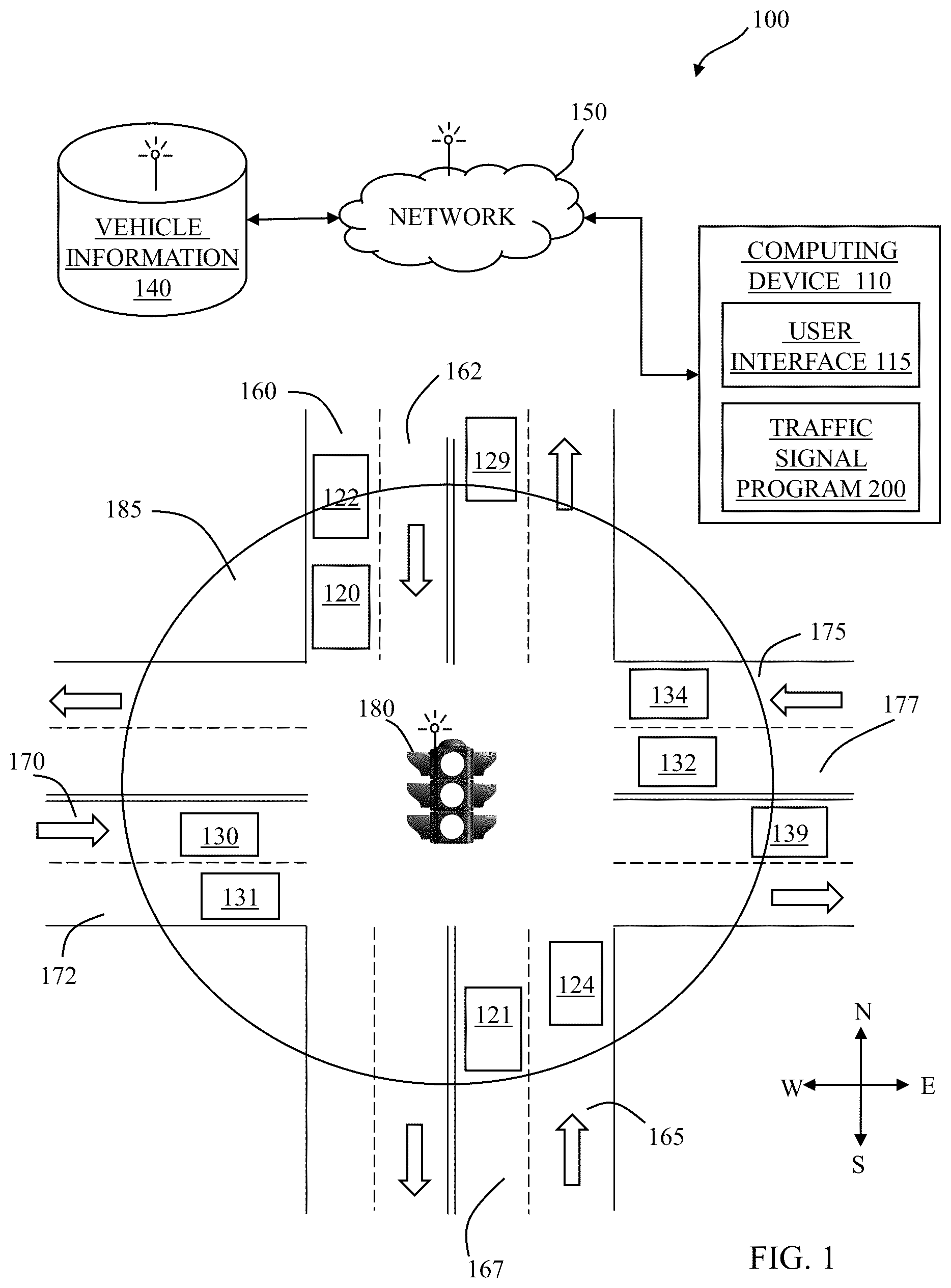 Patent US12315368 — Dynamic traffic signal optimization using received vehicle information — Figure 1