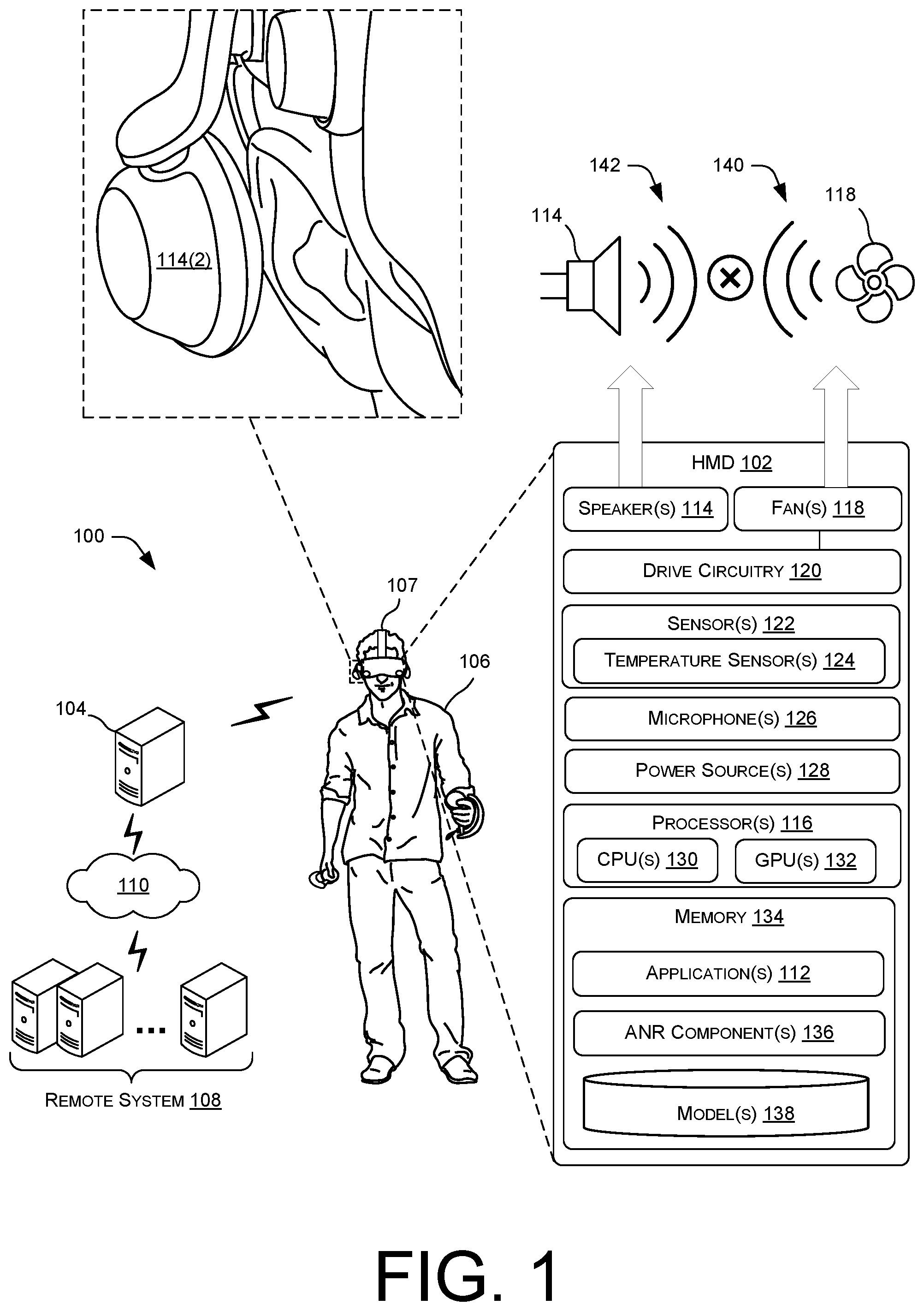 Patent US12315484 — Active reduction of fan noise in a head-mounted display — Figure 1