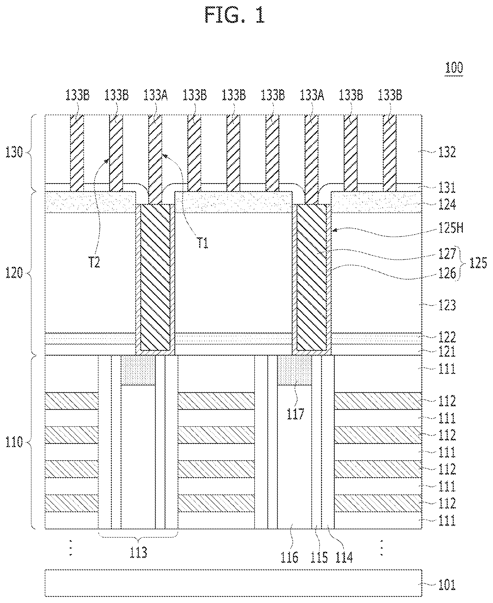 Patent US12315766 Figure 1 – Semiconductor device including spacer layer contacting bit line bottom sidewalls