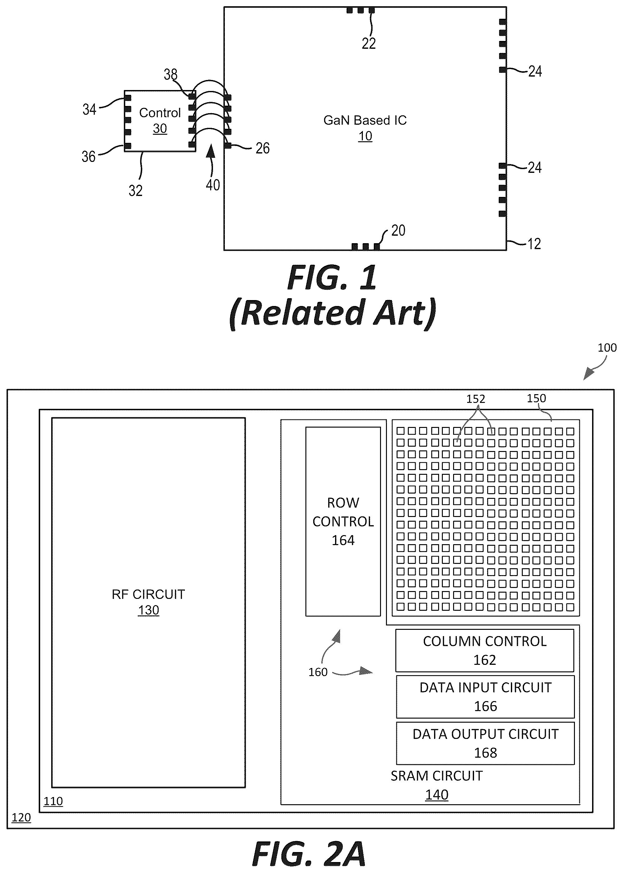 Patent US12315830 — Group III nitride-based monolithic microwave integrated circuits including static random access memory blocks with associated addressing and buffering circuits — Figure 1