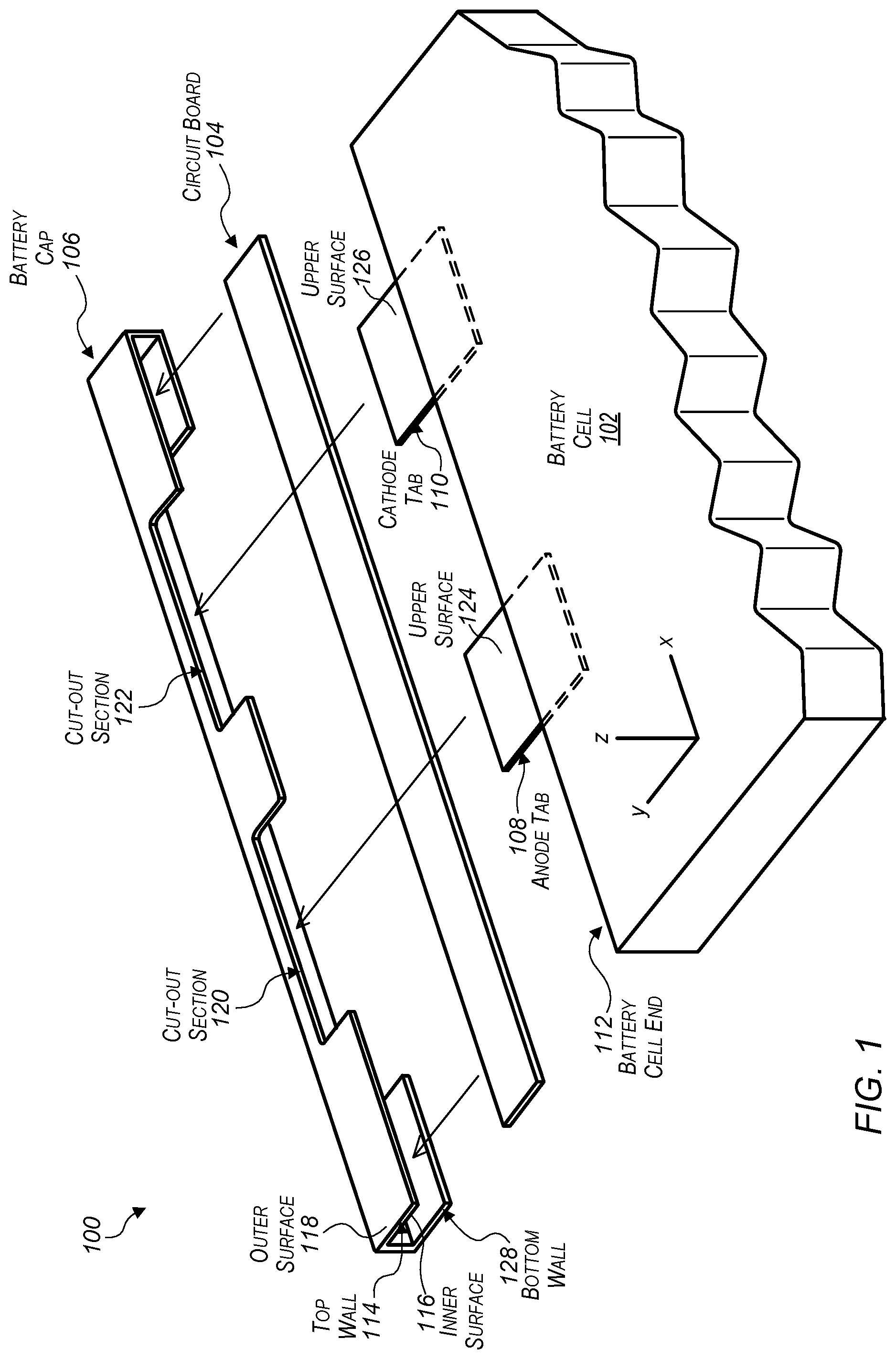 Patent US12315896 — Battery cap with cut-out sections — Figure 1