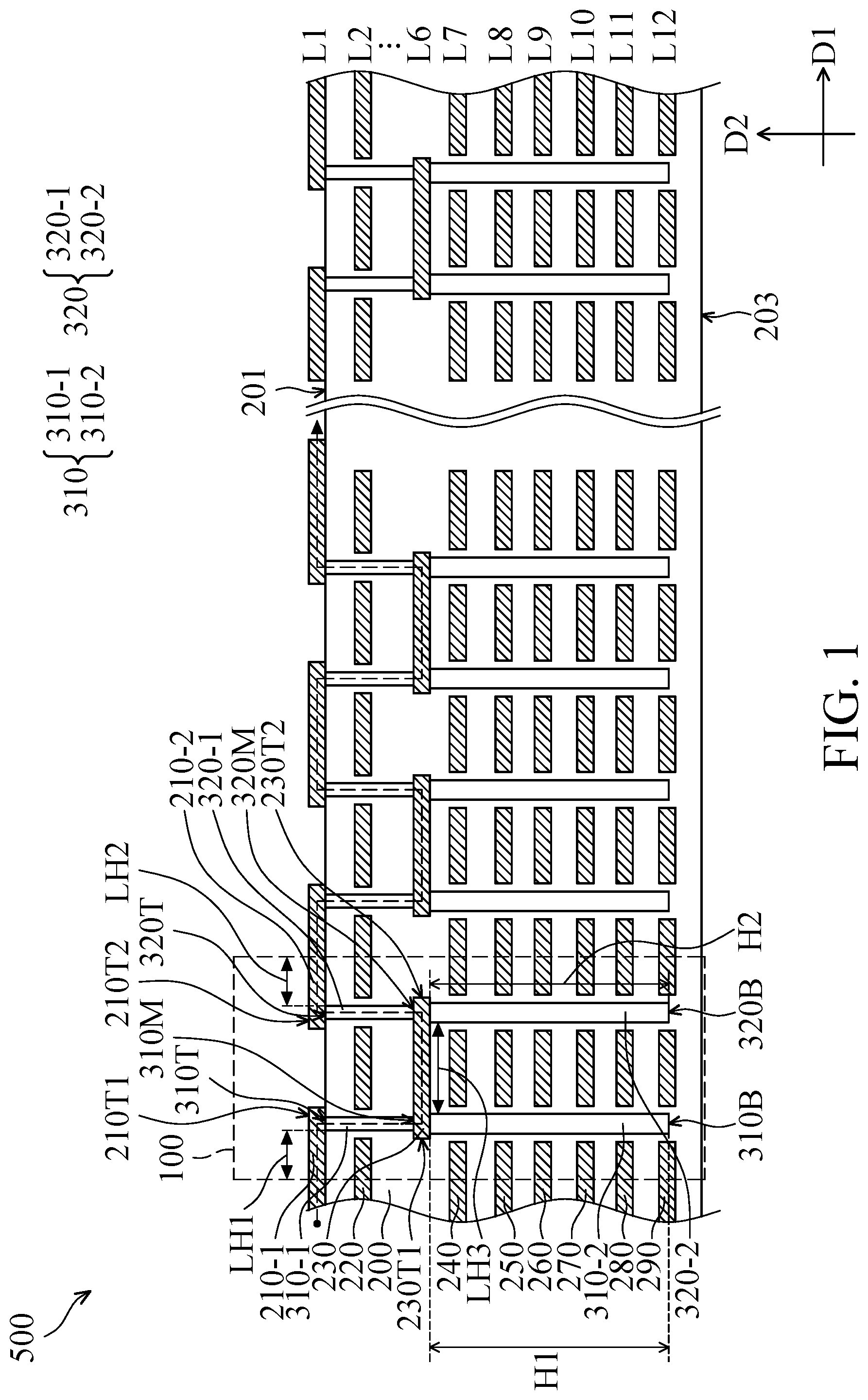 Patent US12315981 Figure 1 – Transmission line device compriing first and second conductive lines on one level separated from a third conductive line on another level by an intervening ground layer