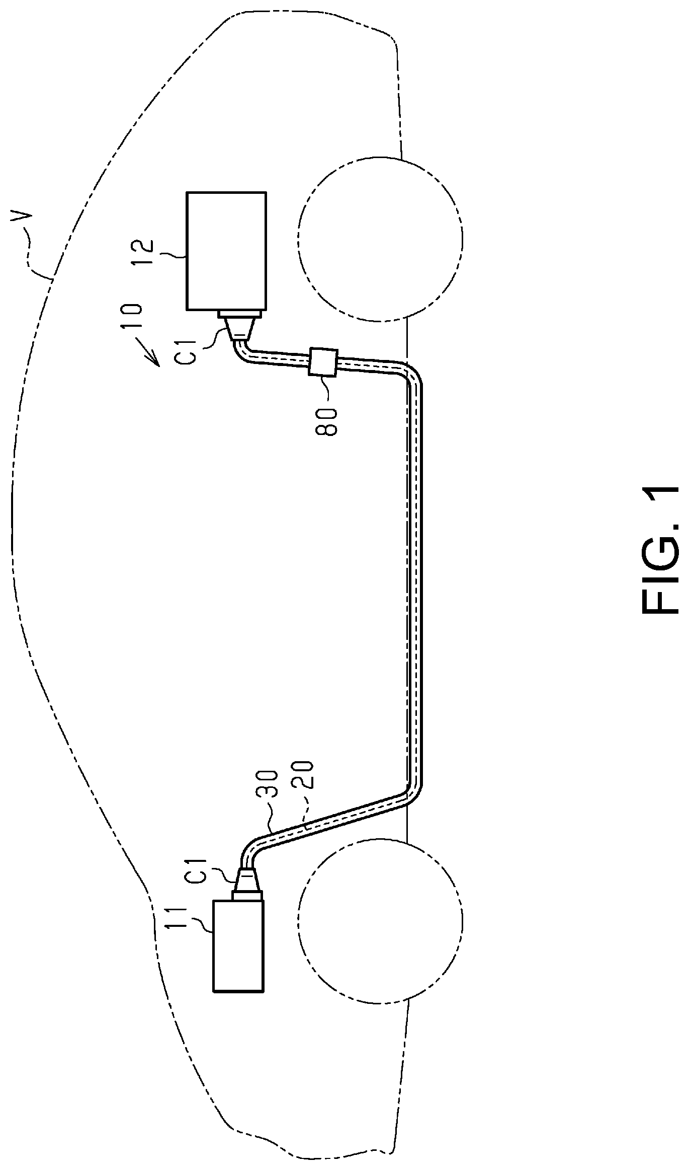 Patent US12316085 — Wire harness with fixing mechanism for electromagnetic wave absorbing member — Figure 1