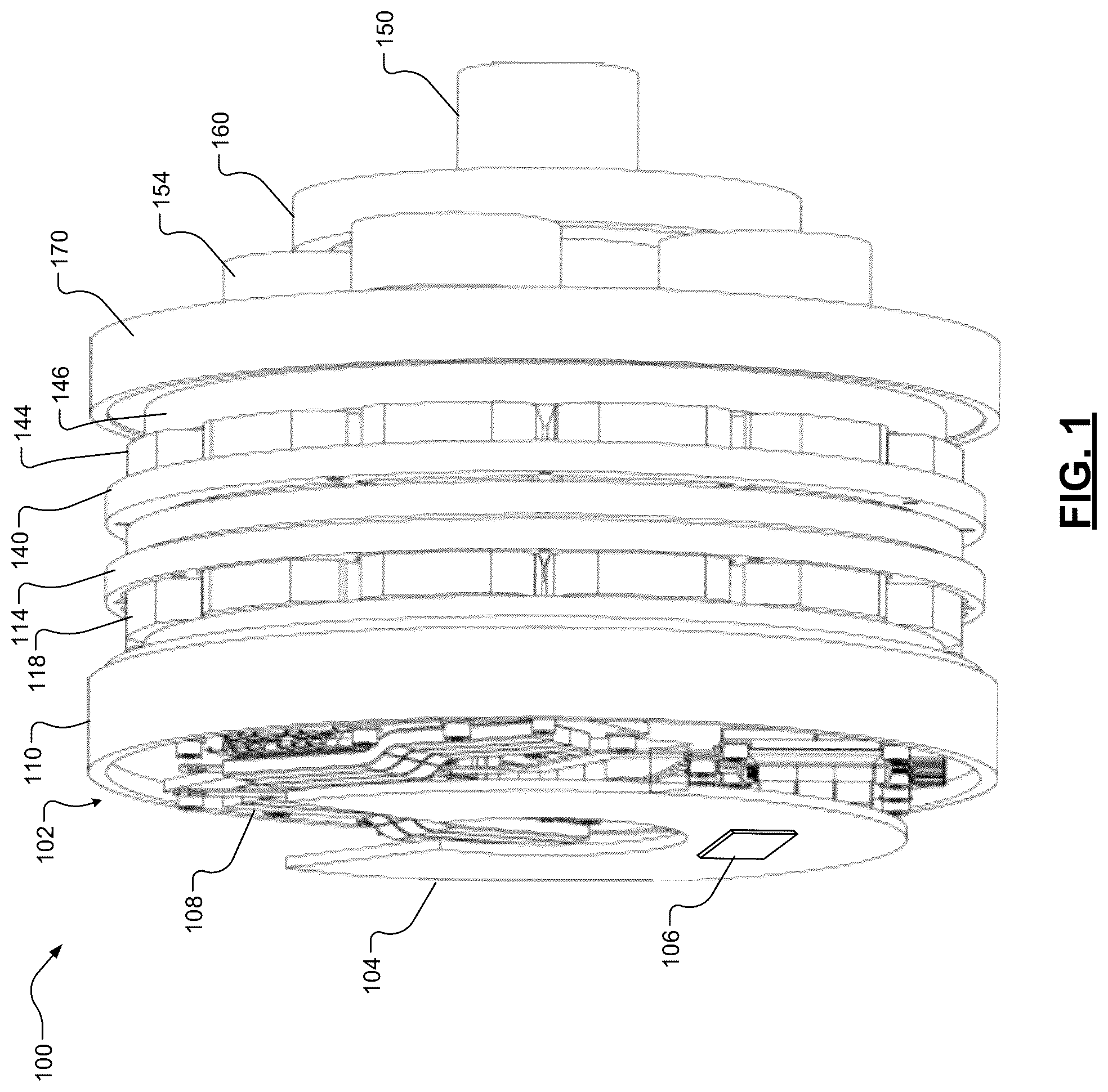 Patent US12316203 — Axial flux motor assemblies with integrated power electronics and double-sided cooling — Figure 1
