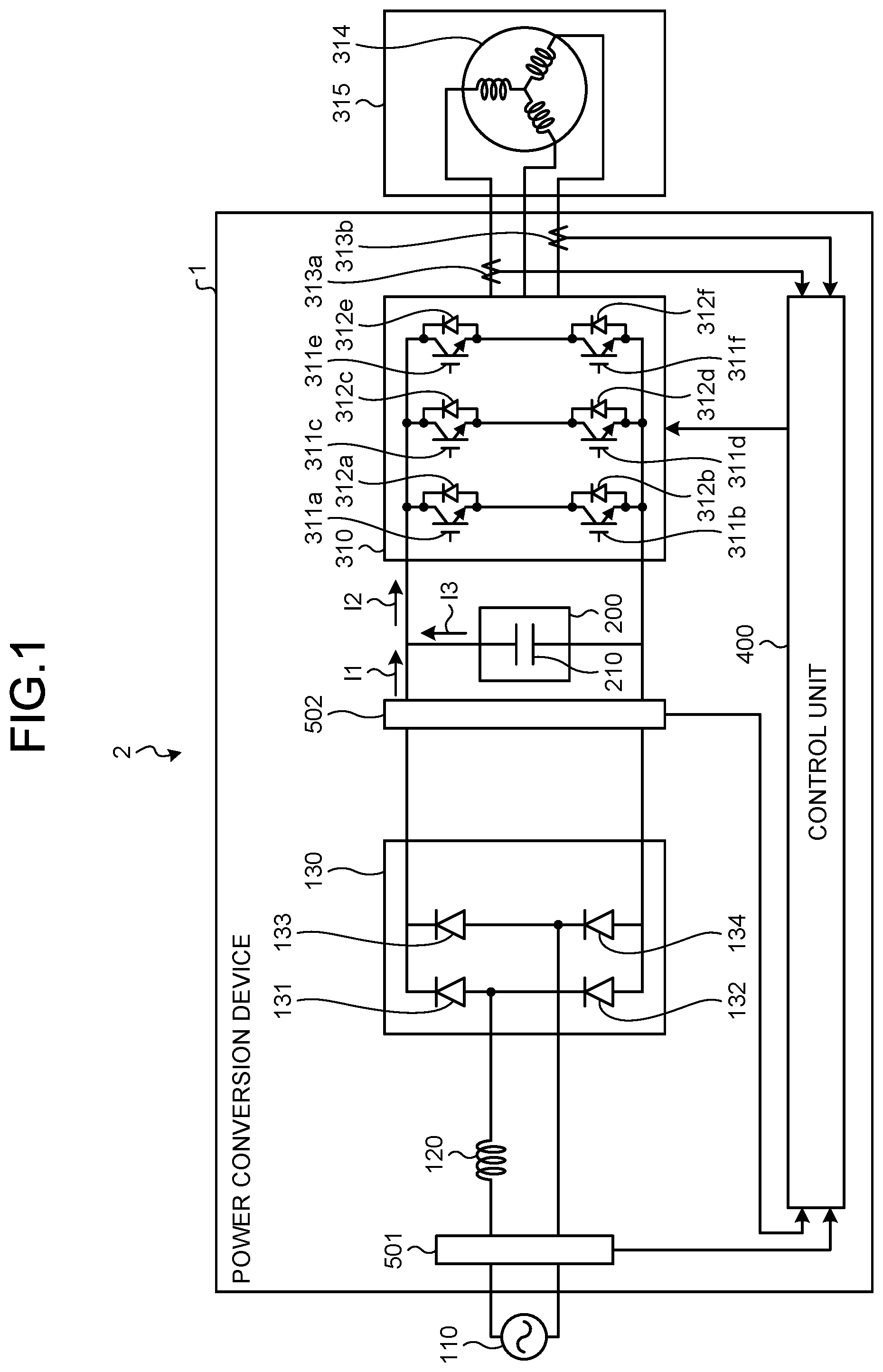 Patent US12316237 — Power conversion device, motor drive unit, and refrigeration cycle apparatus — Figure 1