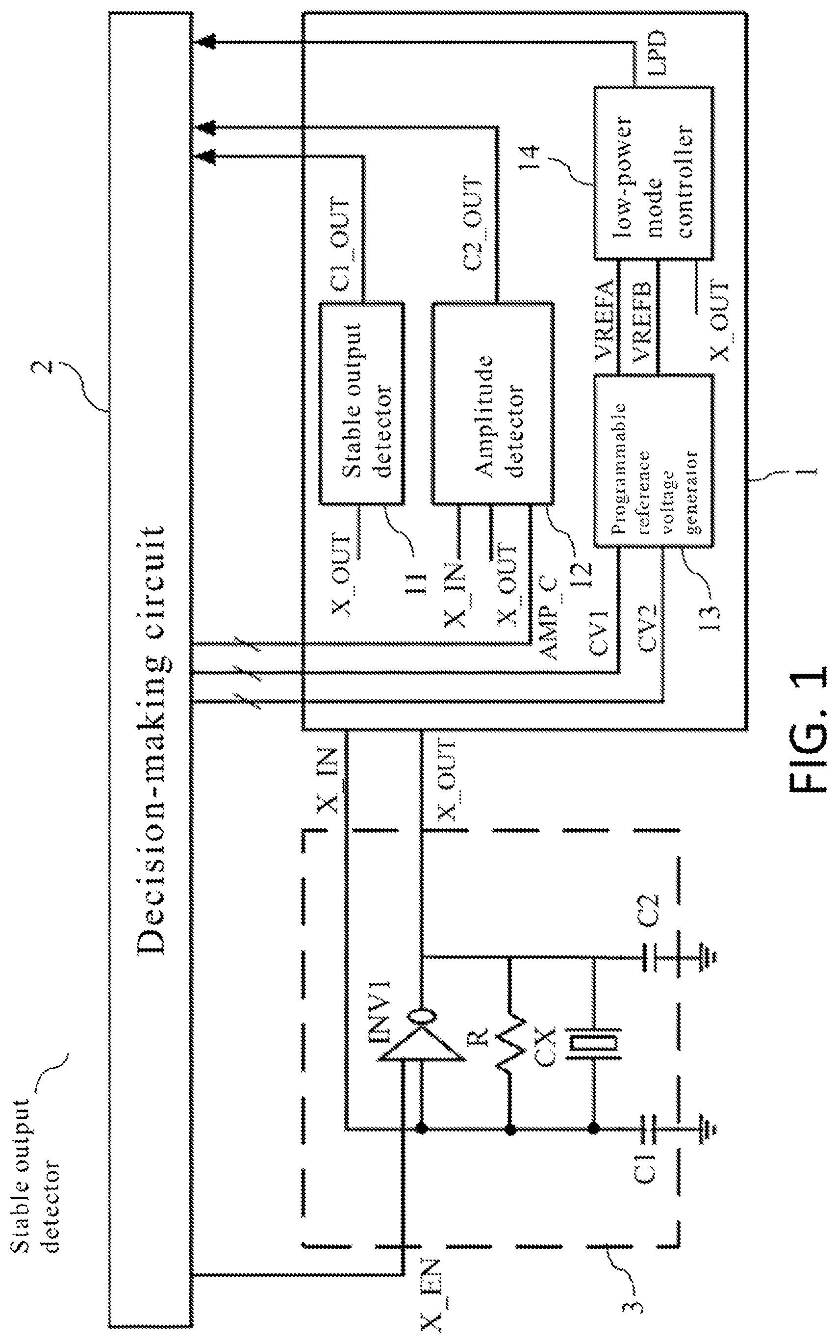 Patent US12316277 — Low power mode control module and method for crystal oscillator, and circuit using the same — Figure 1