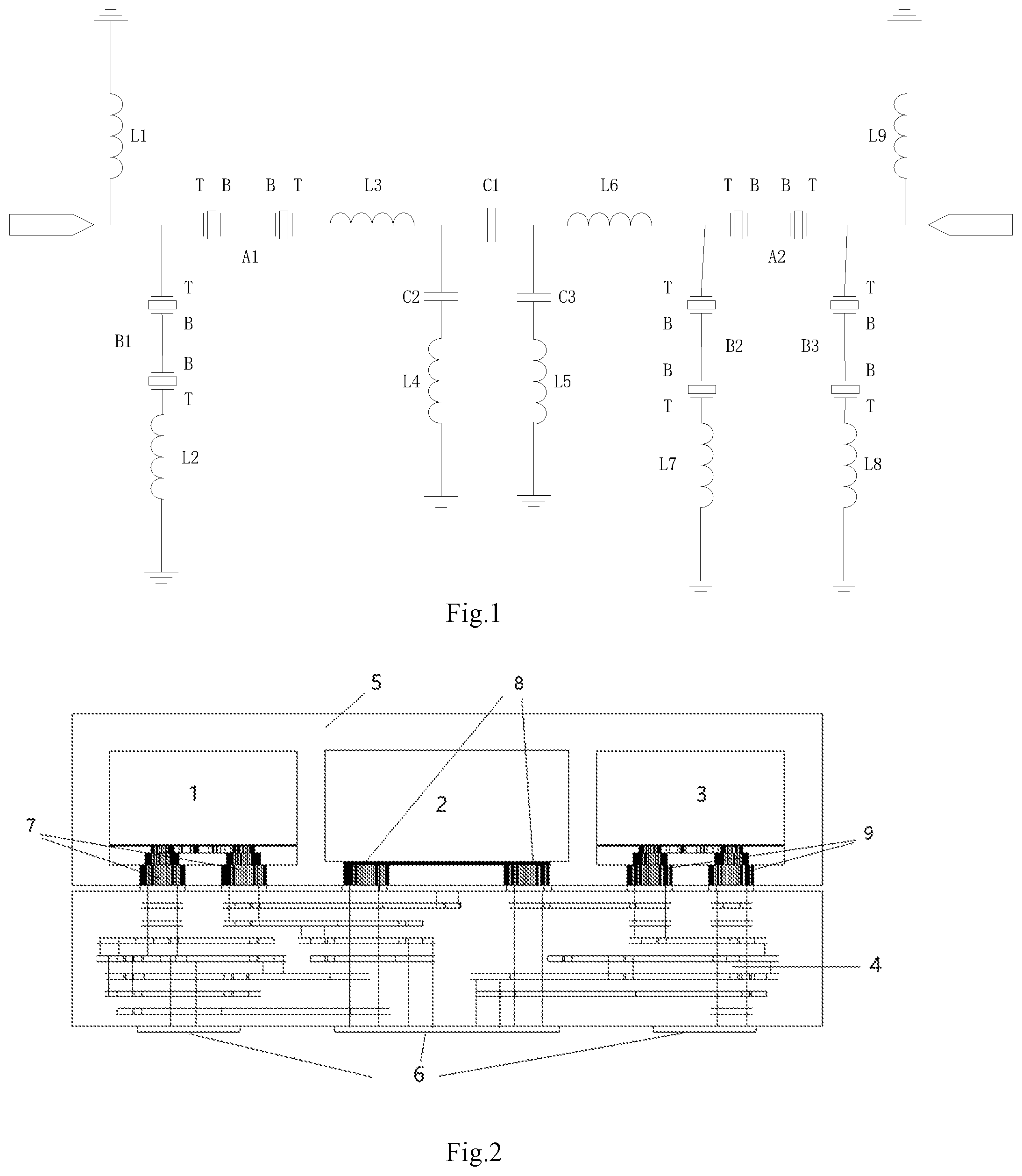 Patent US12316302 Figure 1 – Hybrid band-pass filter with integrated passive device and acoustic resonator
