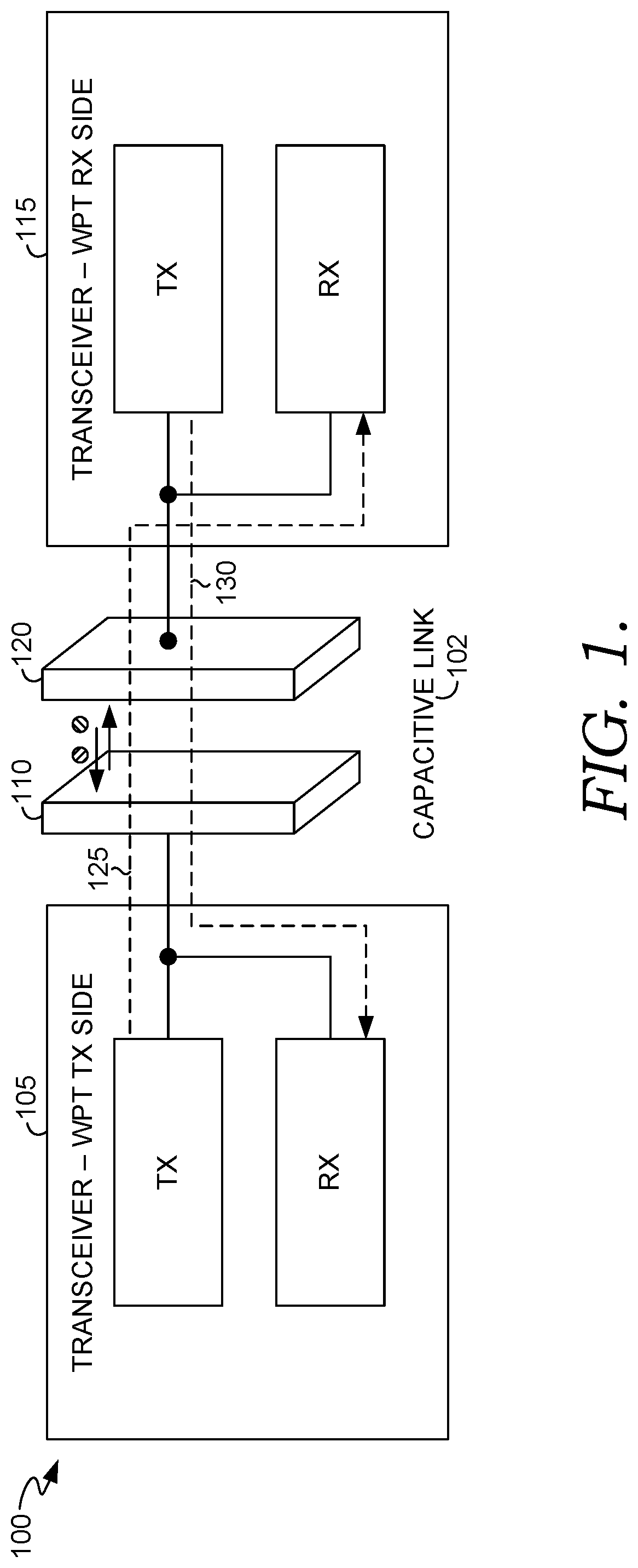 Patent US12316402 — Bi-directional communication through capacitive coupling in wireless devices — Figure 1