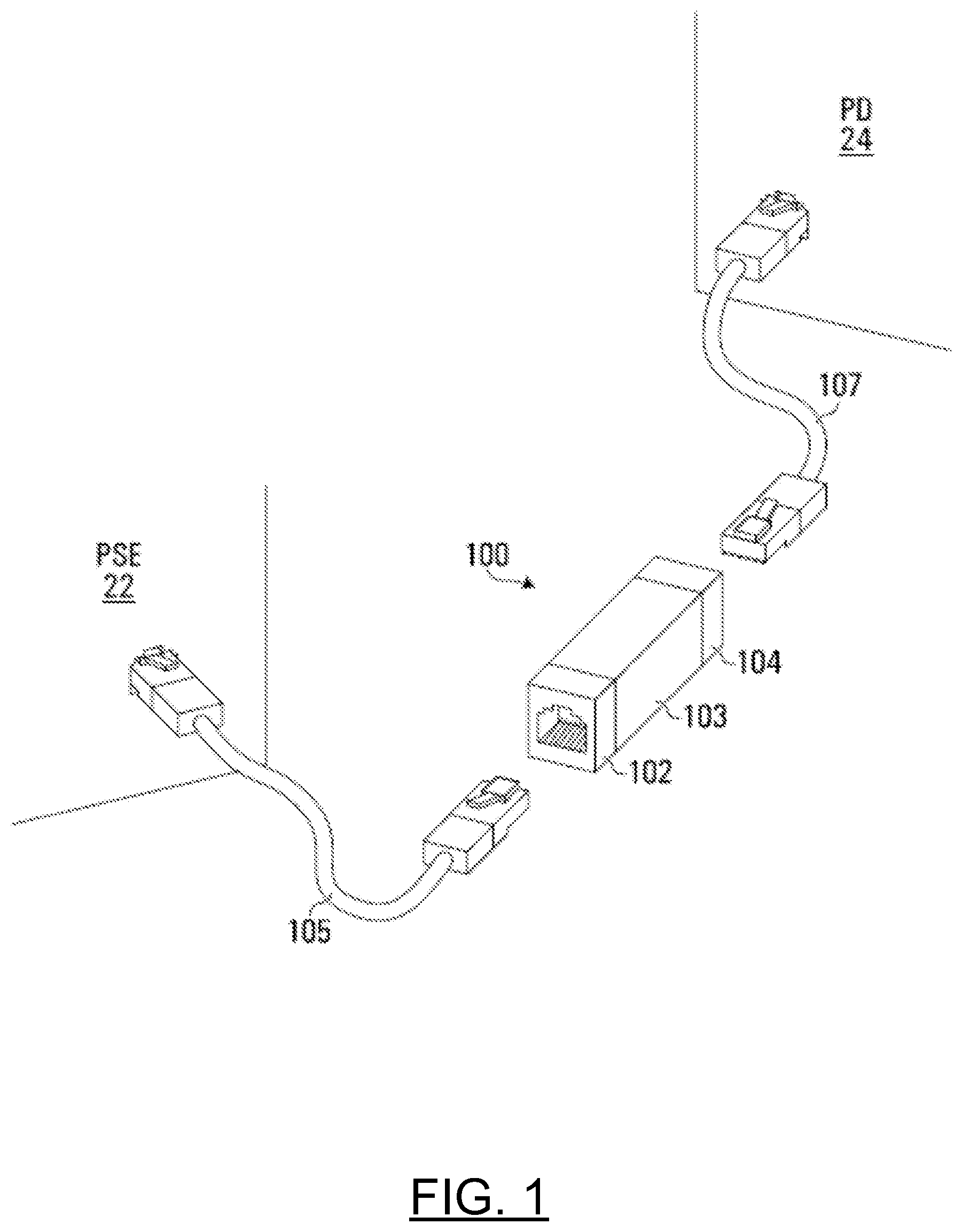 Patent US12316468 — Intermediary device for daisy chain and tree configuration in hybrid data/power connection — Figure 1