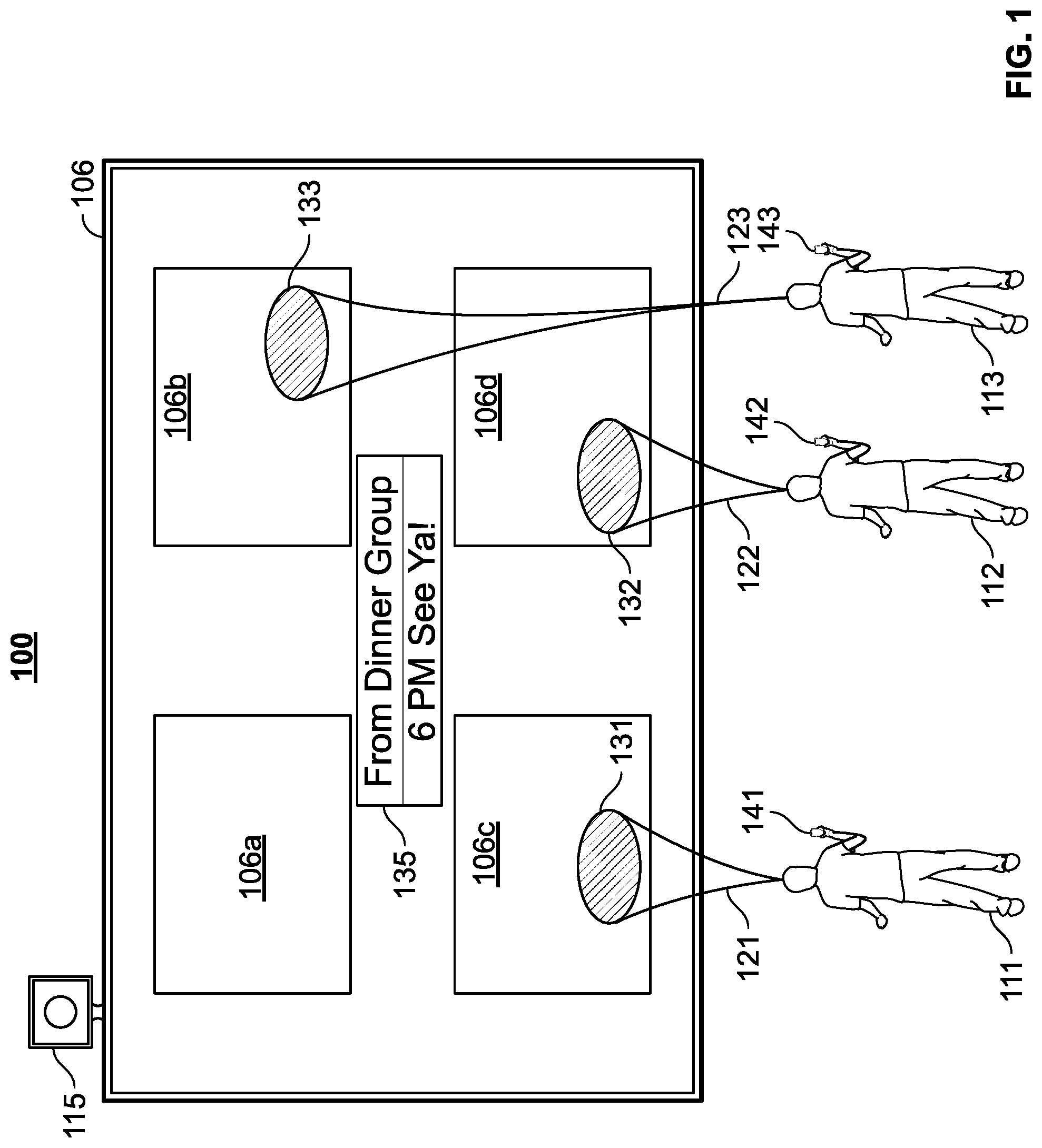 Patent US12316595 — Systems and methods for displaying a notification at an area on a display screen that is within a line of sight of a subset of audience members to whom the notification pertains — Figure 1