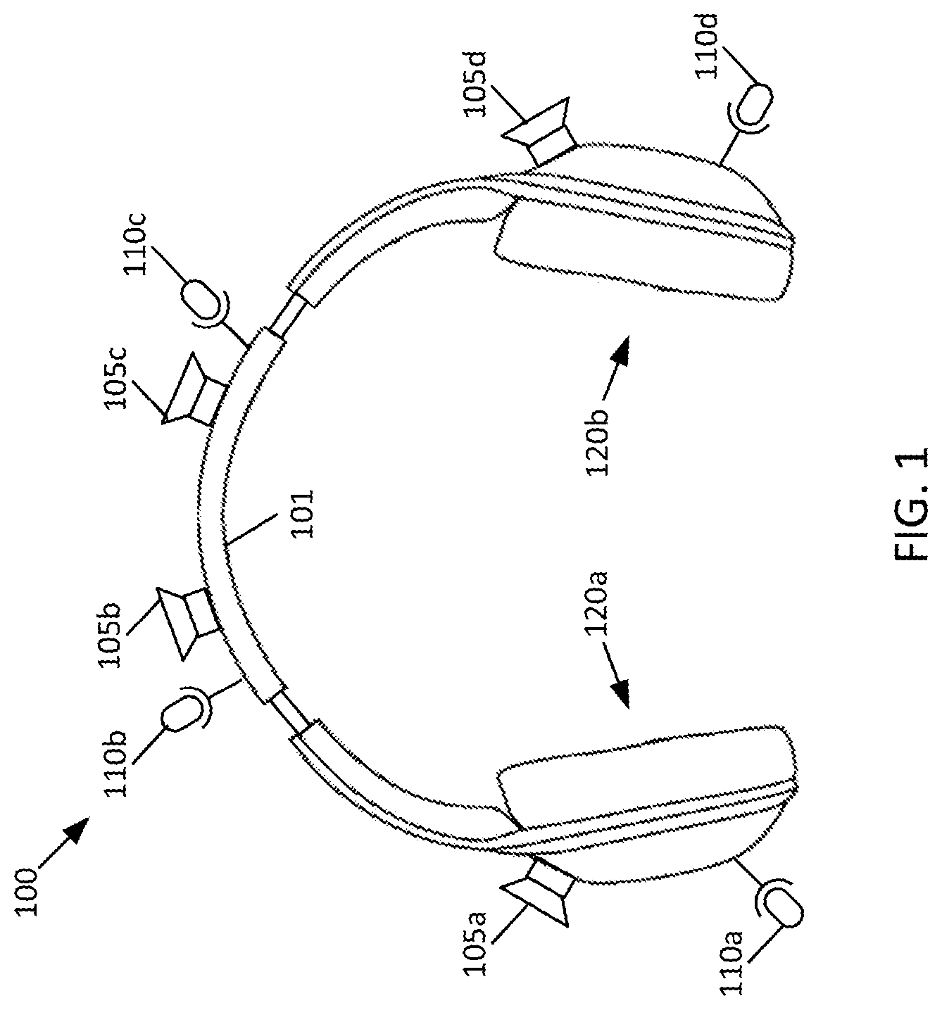 Patent US12317057 Figure 1 – Self-calibrating microphone and loudspeaker arrays for wearable audio devices