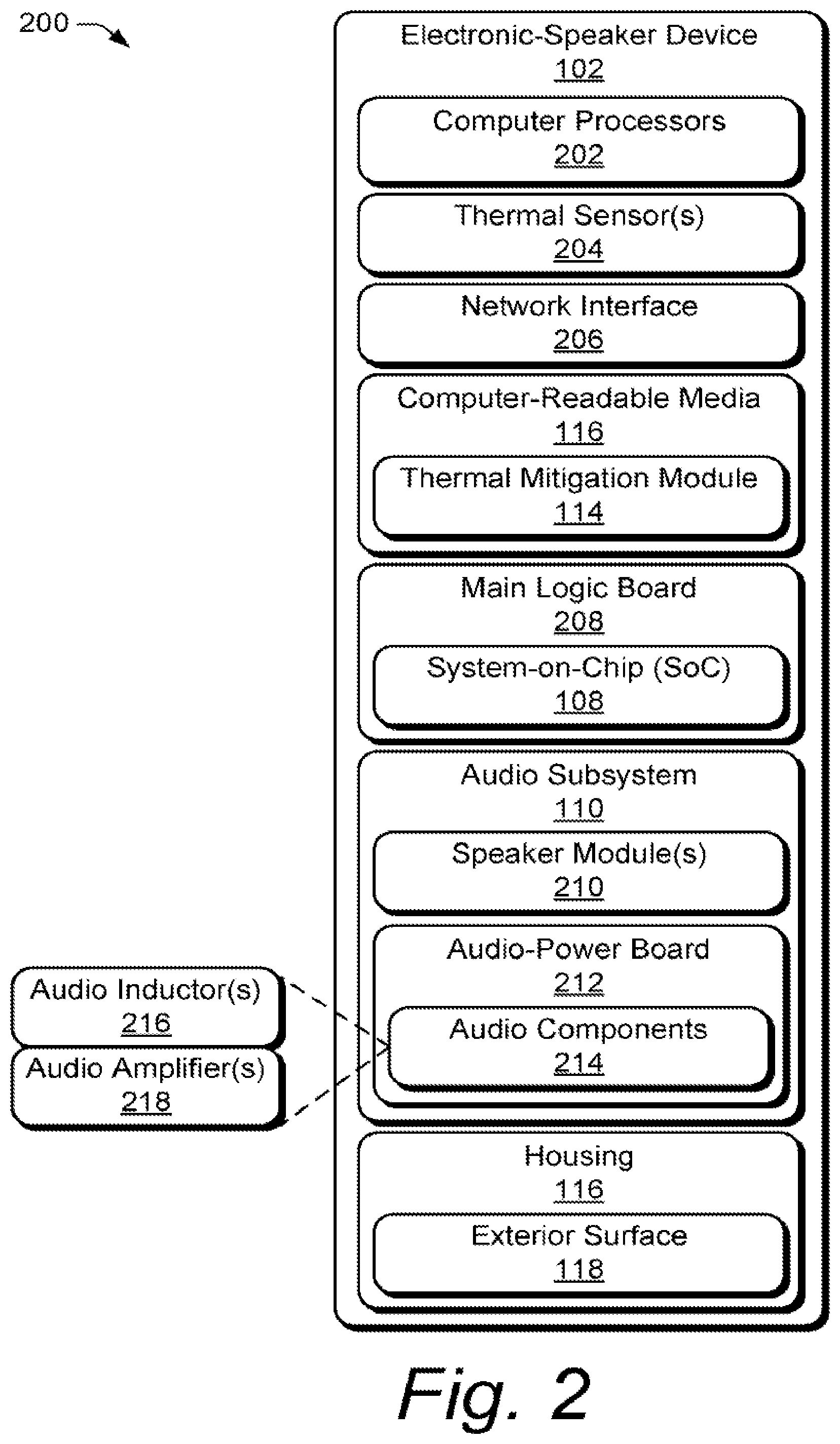 Patent US12317460 Figure 2 – Thermal mitigation for an electronic speaker device and associated apparatuses and methods