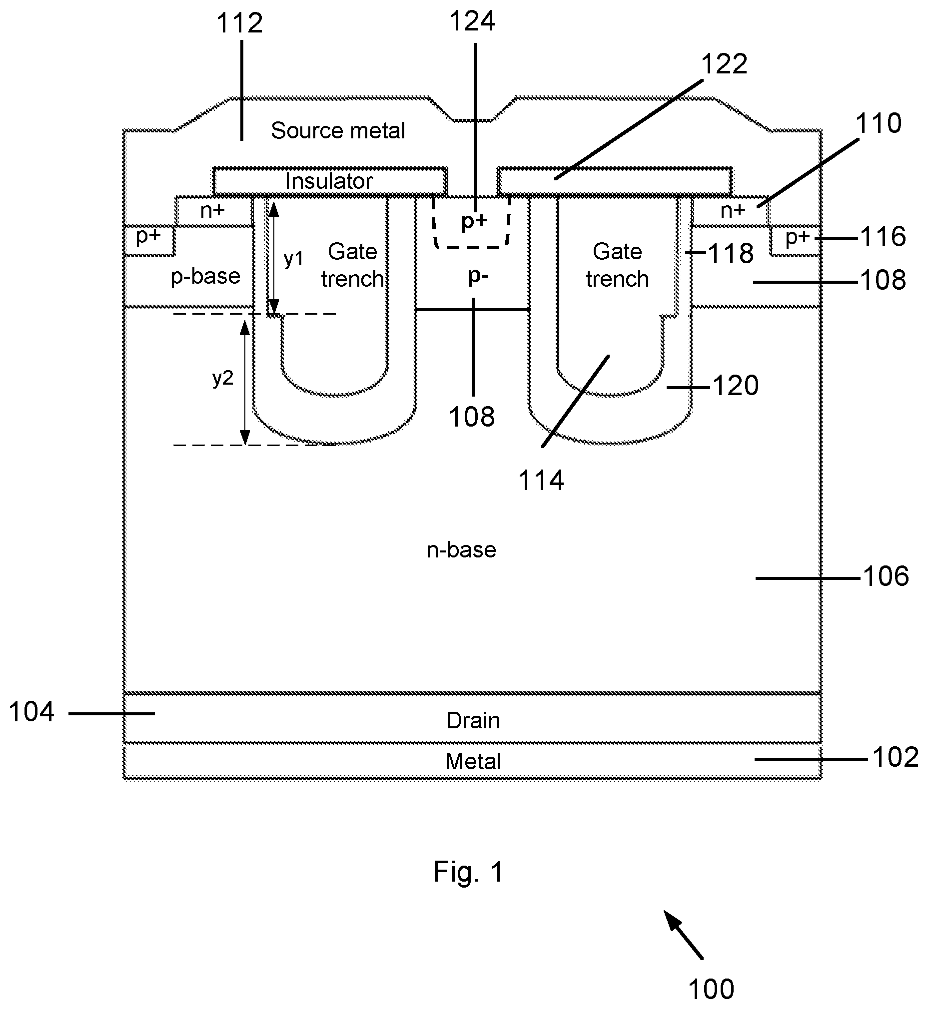 Patent US12317561 — SIC MOSFET structures with asymmetric trench oxide — Figure 1
