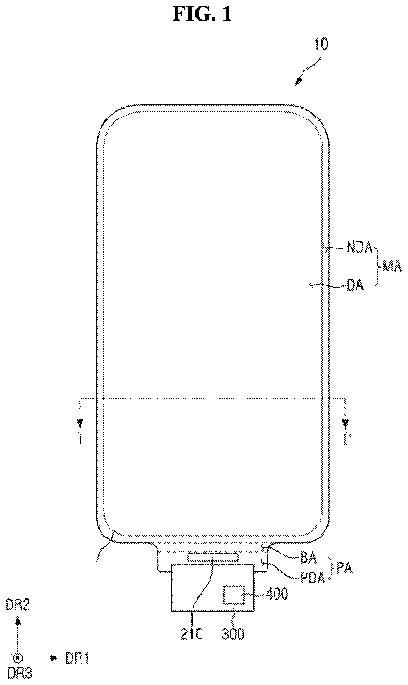 Patent US12317691 — Display device having organic planarization layer with valley and protrusion structures — Figure 1