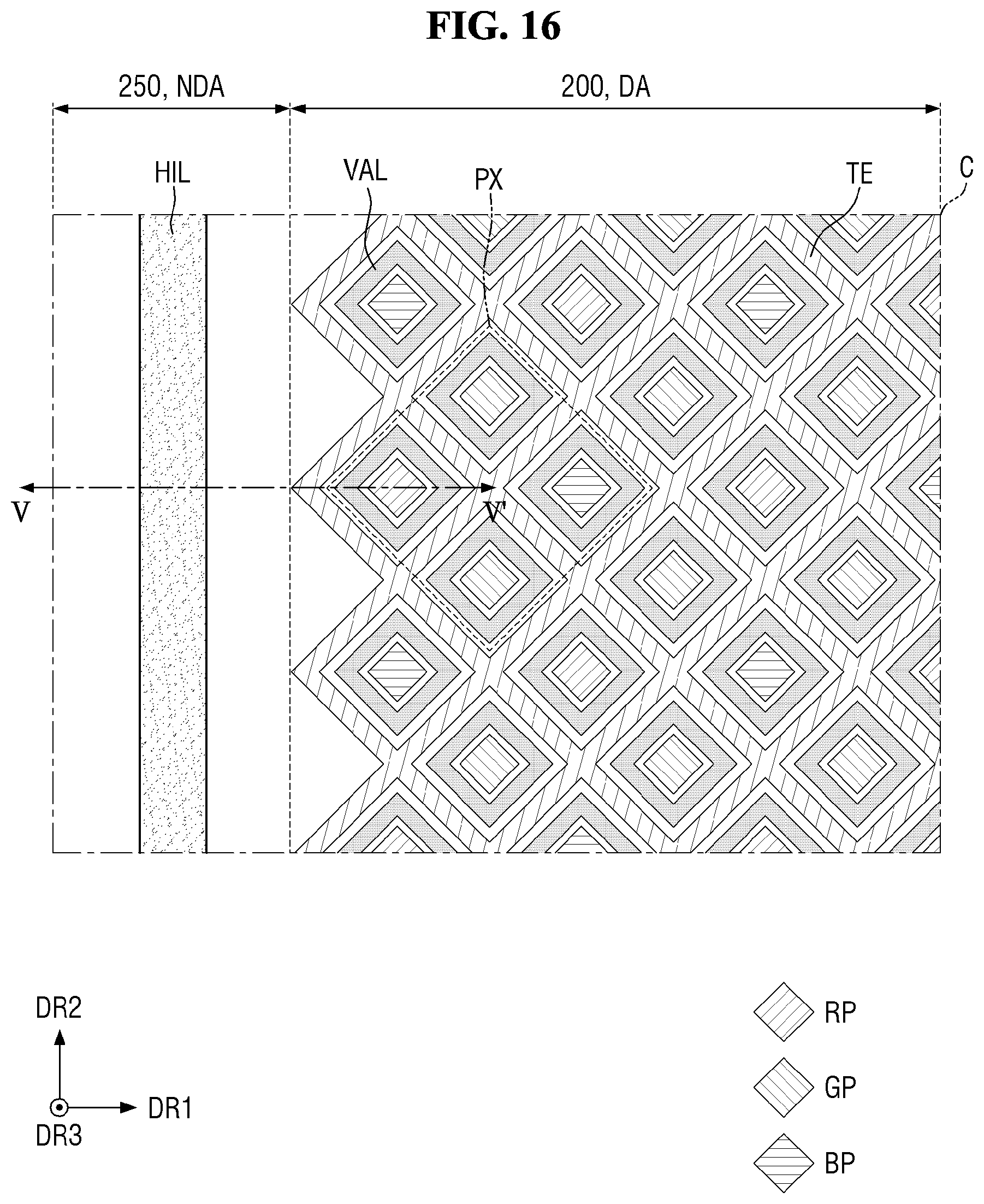Patent US12317691 Figure 16 – Display device having organic planarization layer with valley and protrusion structures