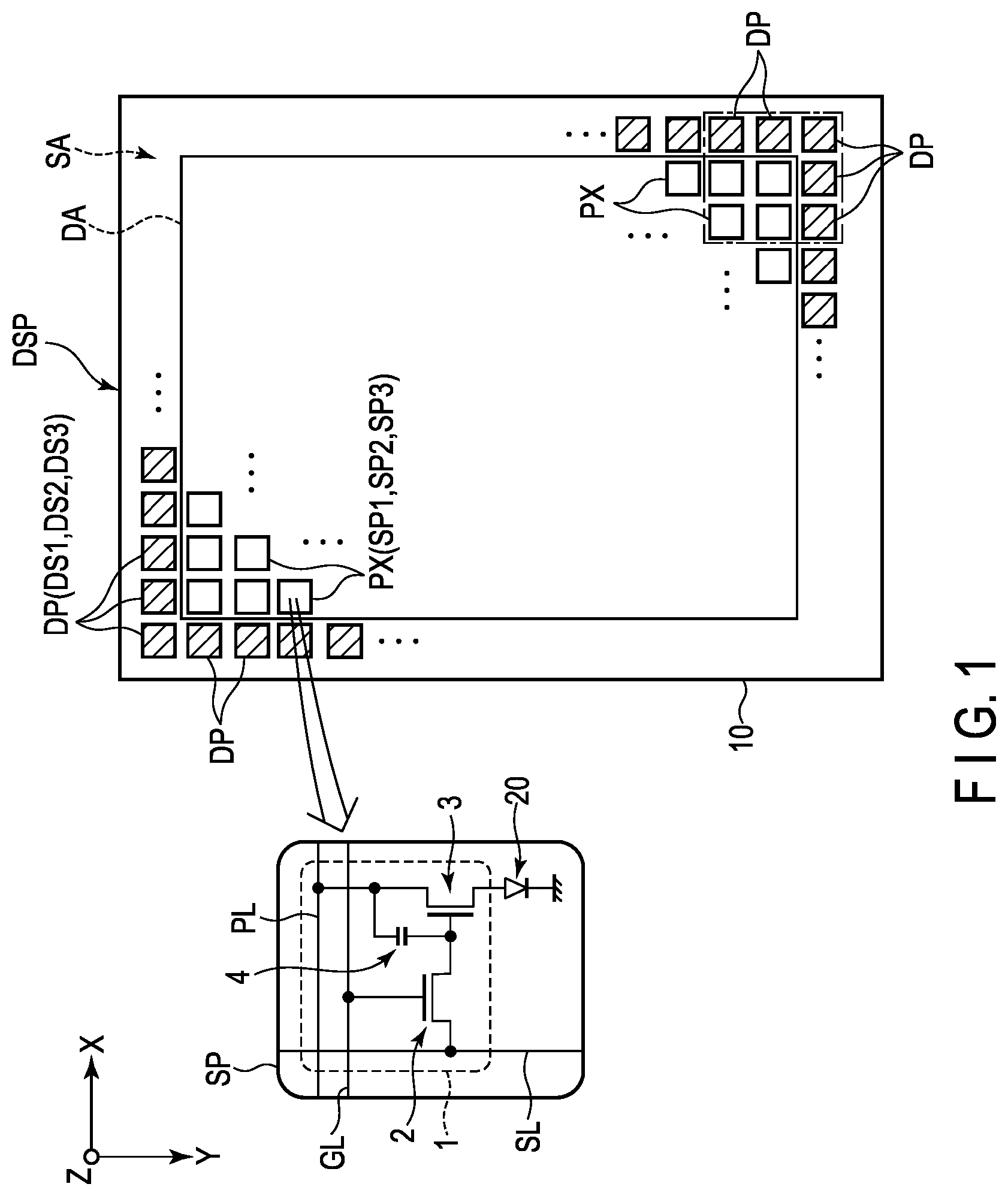 Patent US12317731 Figure 1 – Display device with dummy pixel located in peripheral area