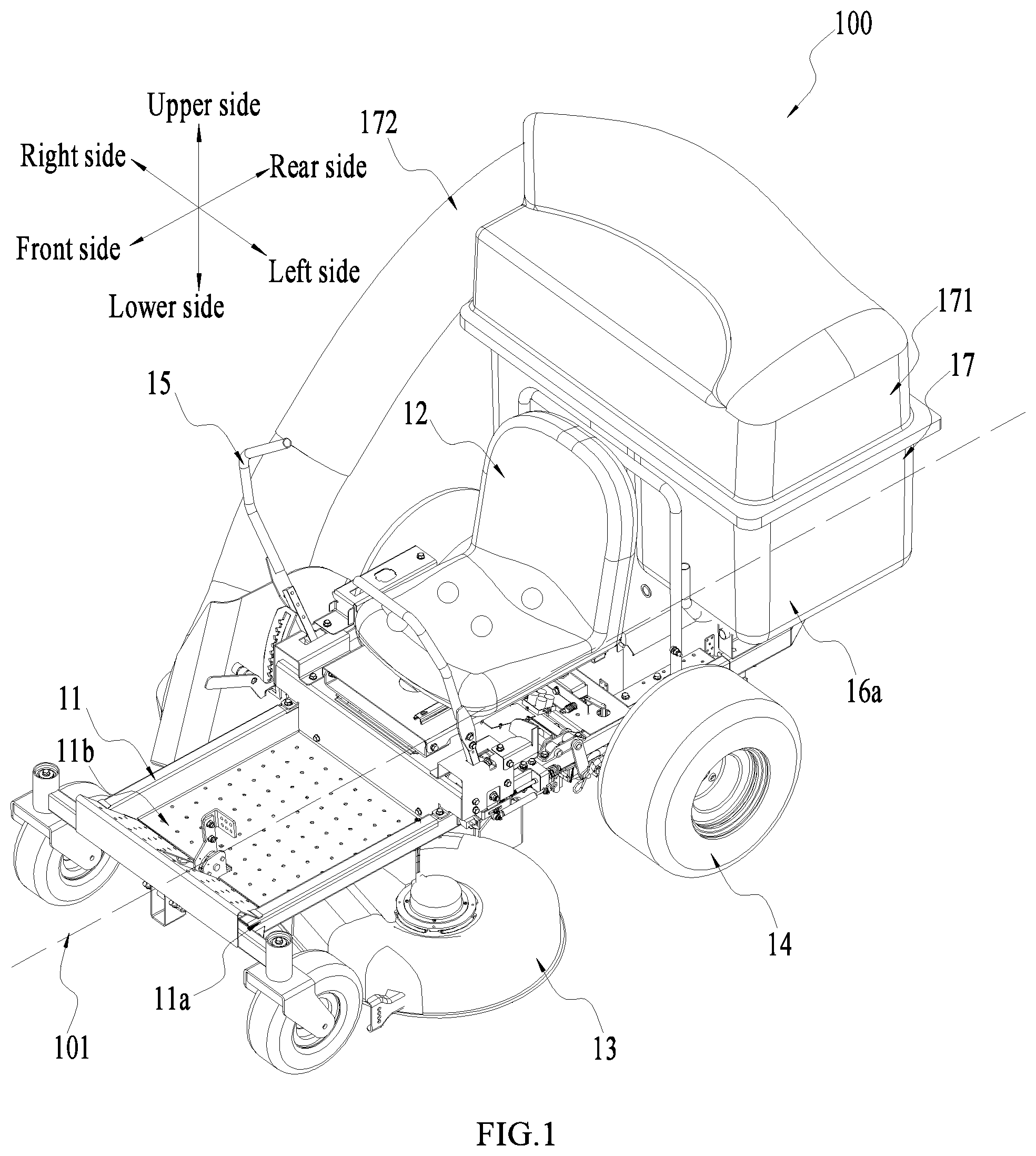 Patent US12317778 — Electric riding lawn mower — Figure 1