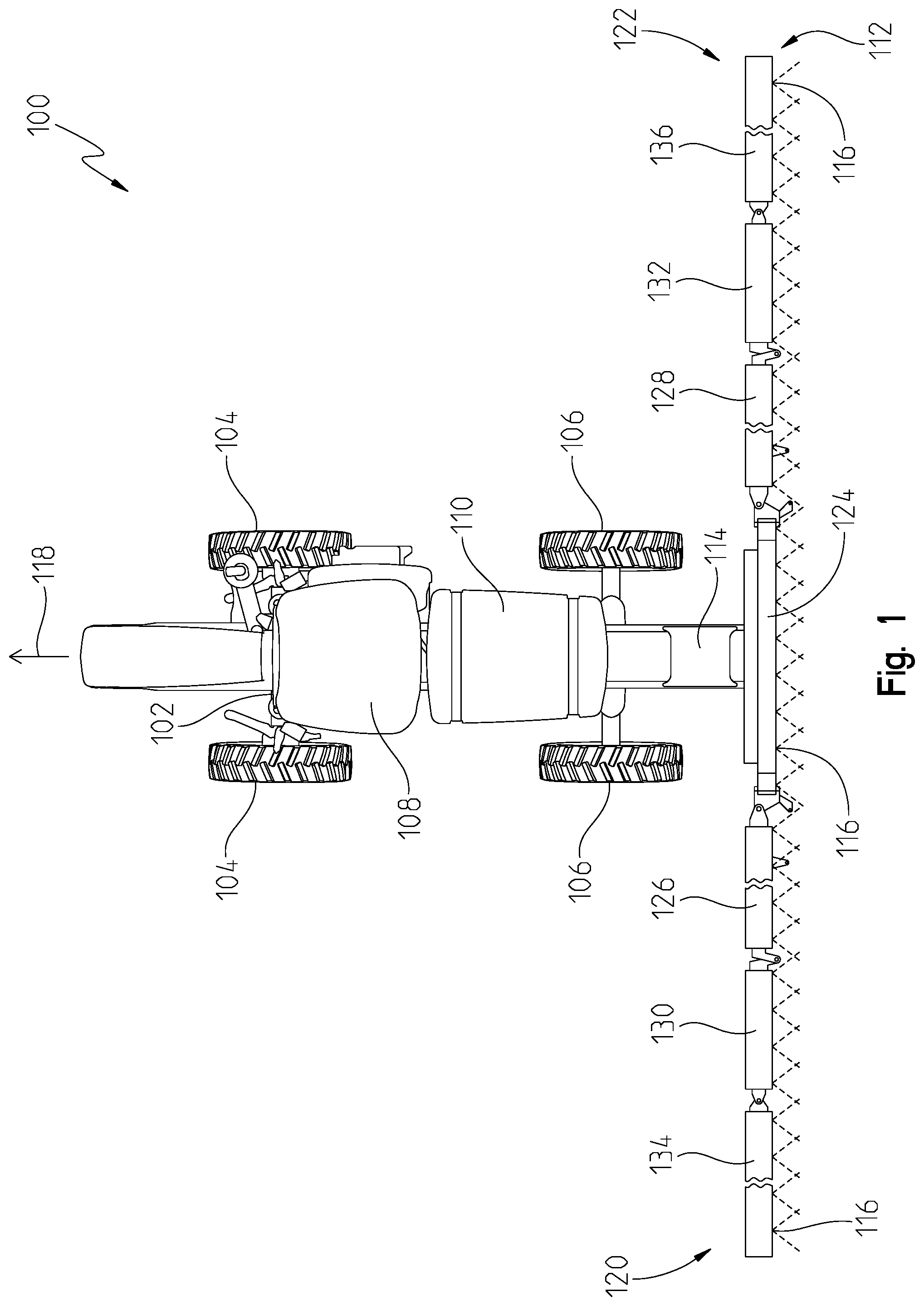 Patent US12317887 — System for adjusting boom hinge rake angle of an agricultural sprayer and method thereof — Figure 1