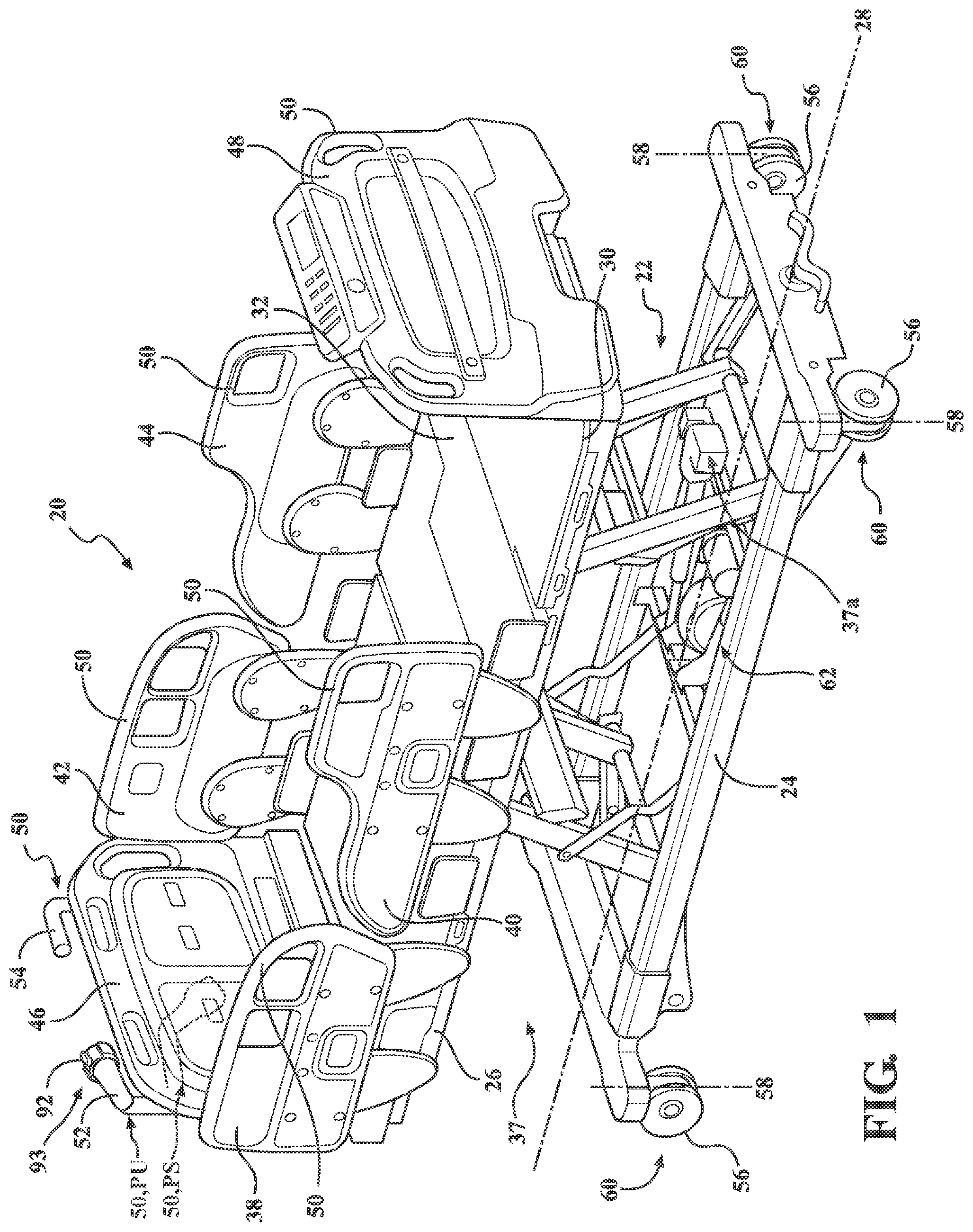 Patent US12318332 Figure 1 – Patient transport apparatus with controlled auxiliary wheel speed