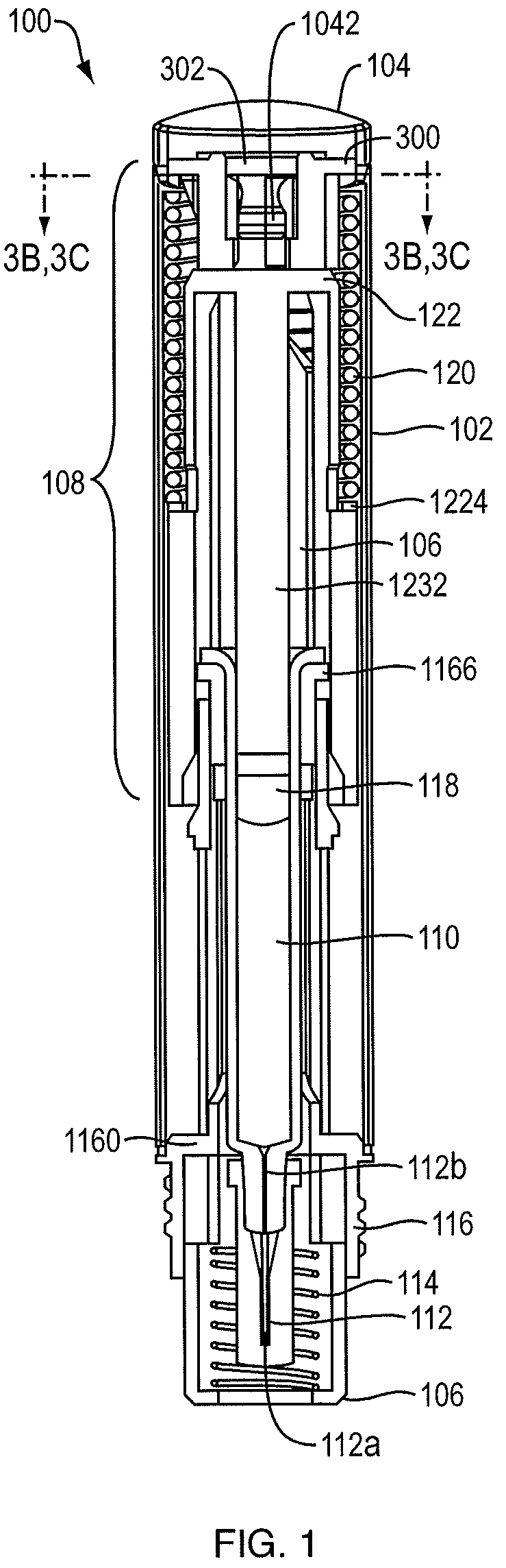 Patent US12318581 — Needle assisted injection device having reduced trigger force — Figure 1