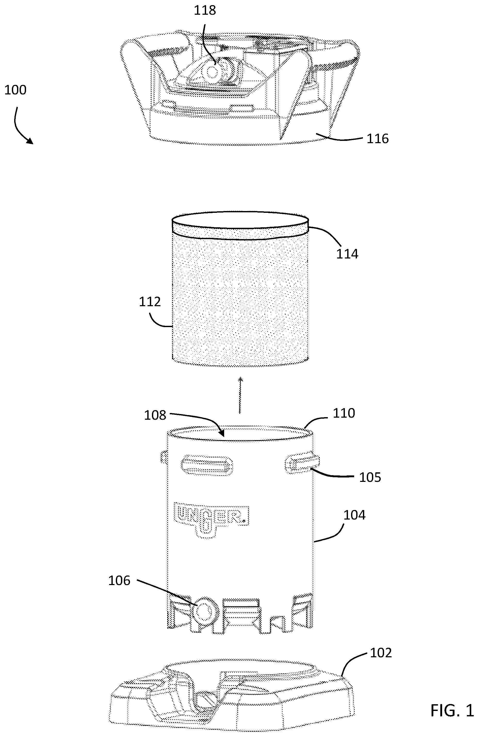 Patent US12318719 Figure 1 – Fluid purification device