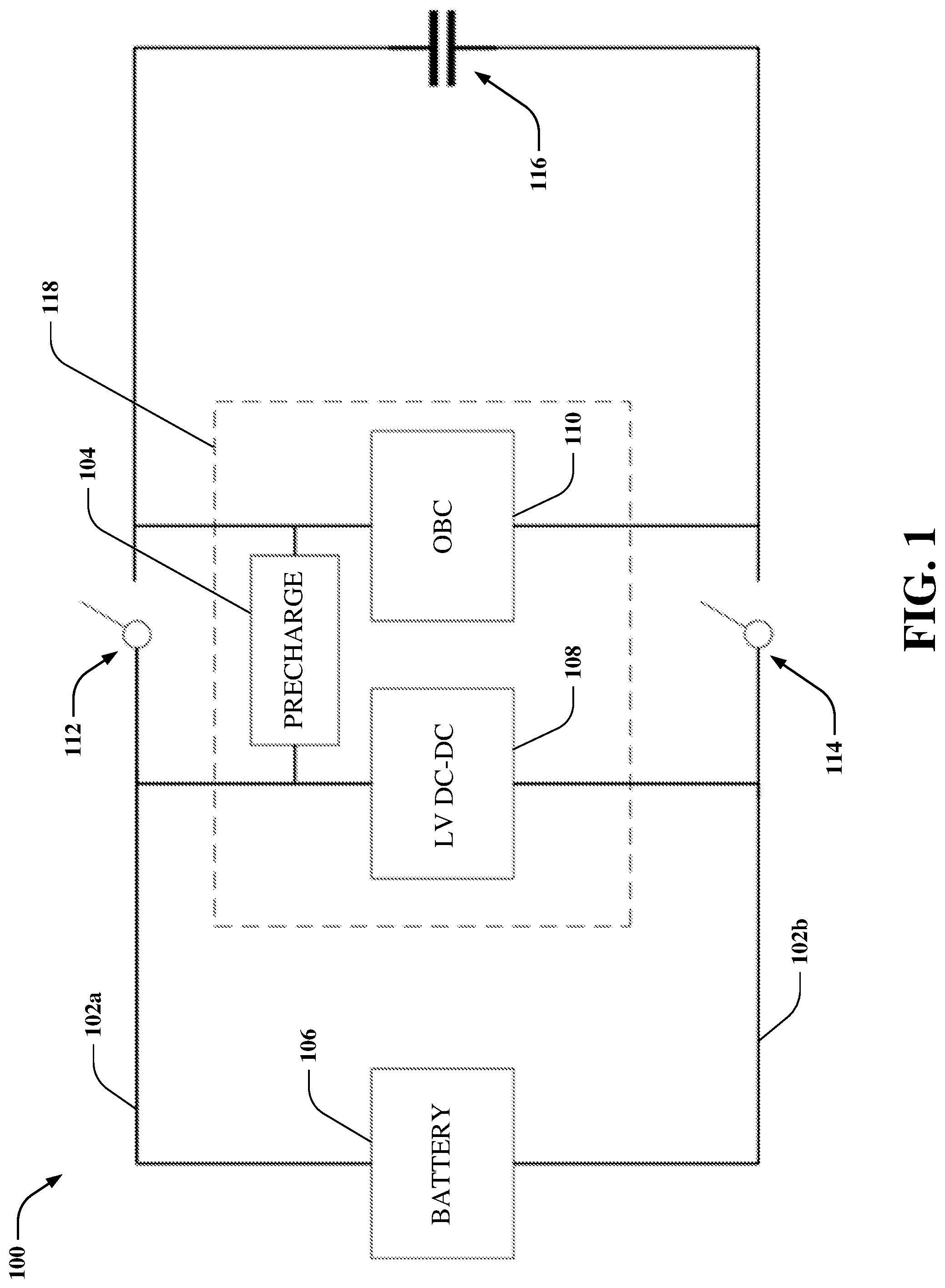 Patent US12319162 — Pre-charging using an on-board charger and electric-vehicle high-voltage architecture — Figure 1