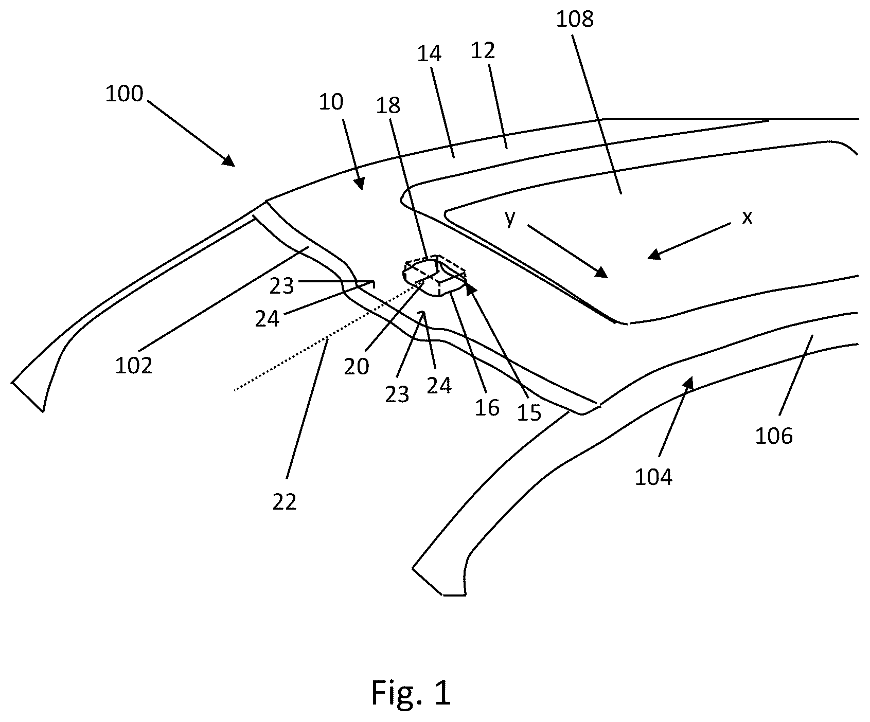 Patent US12319245 Figure 1 – Roof module for forming a vehicle roof comprising a cleaning device and method for cleaning a see-through area