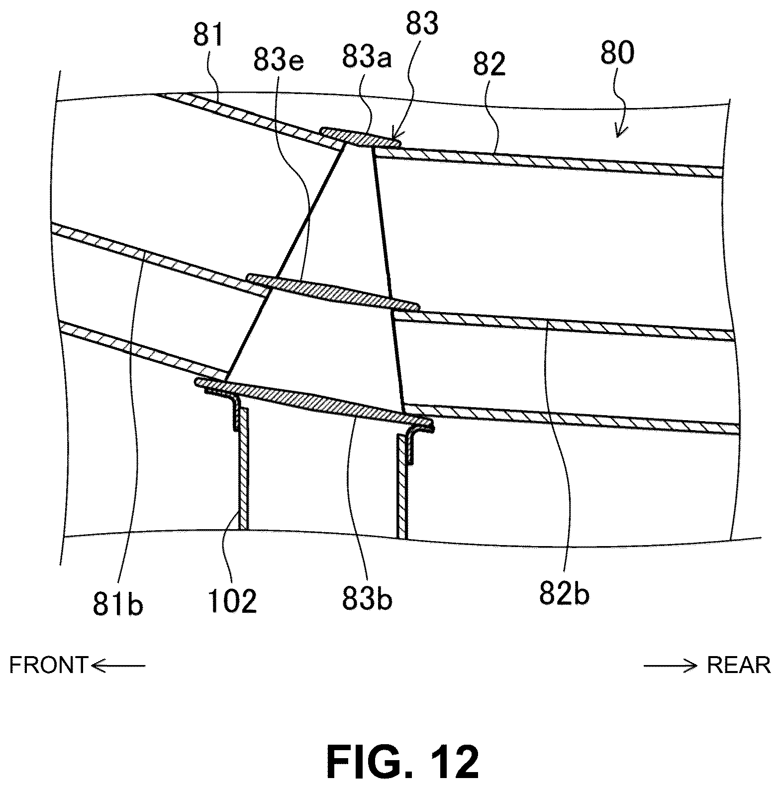 Patent US12319356 Figure 12 – Electric-vehicle-body structure having a center frame that is higher than a floor panel