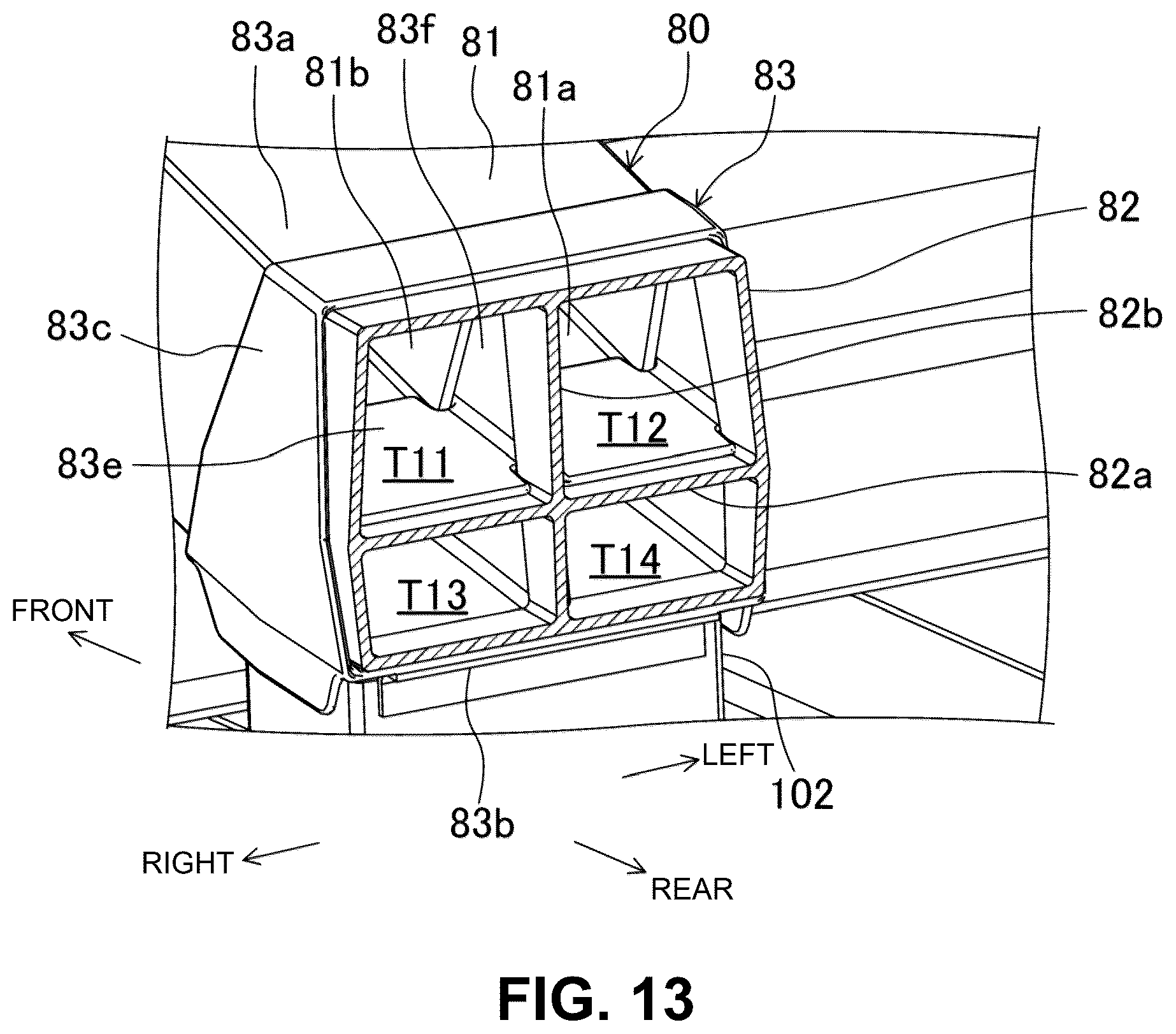 Patent US12319356 Figure 13 – Electric-vehicle-body structure having a center frame that is higher than a floor panel