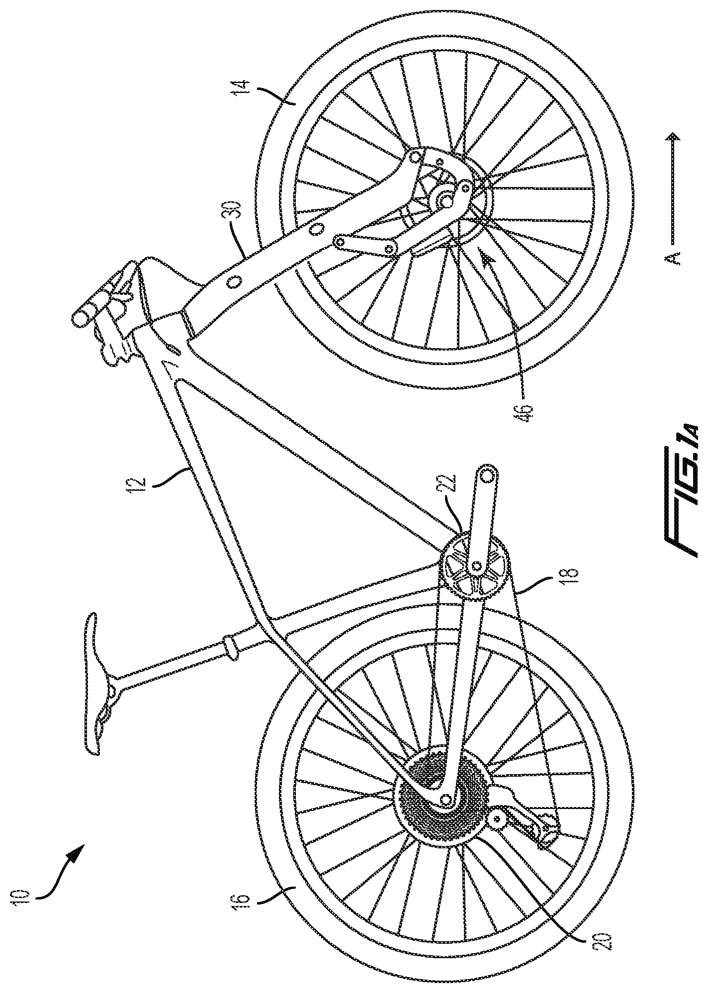 Patent US12319381 — Trailing link cycle wheel suspension assembly having gas pistons with unequal gas piston areas — Figure 1