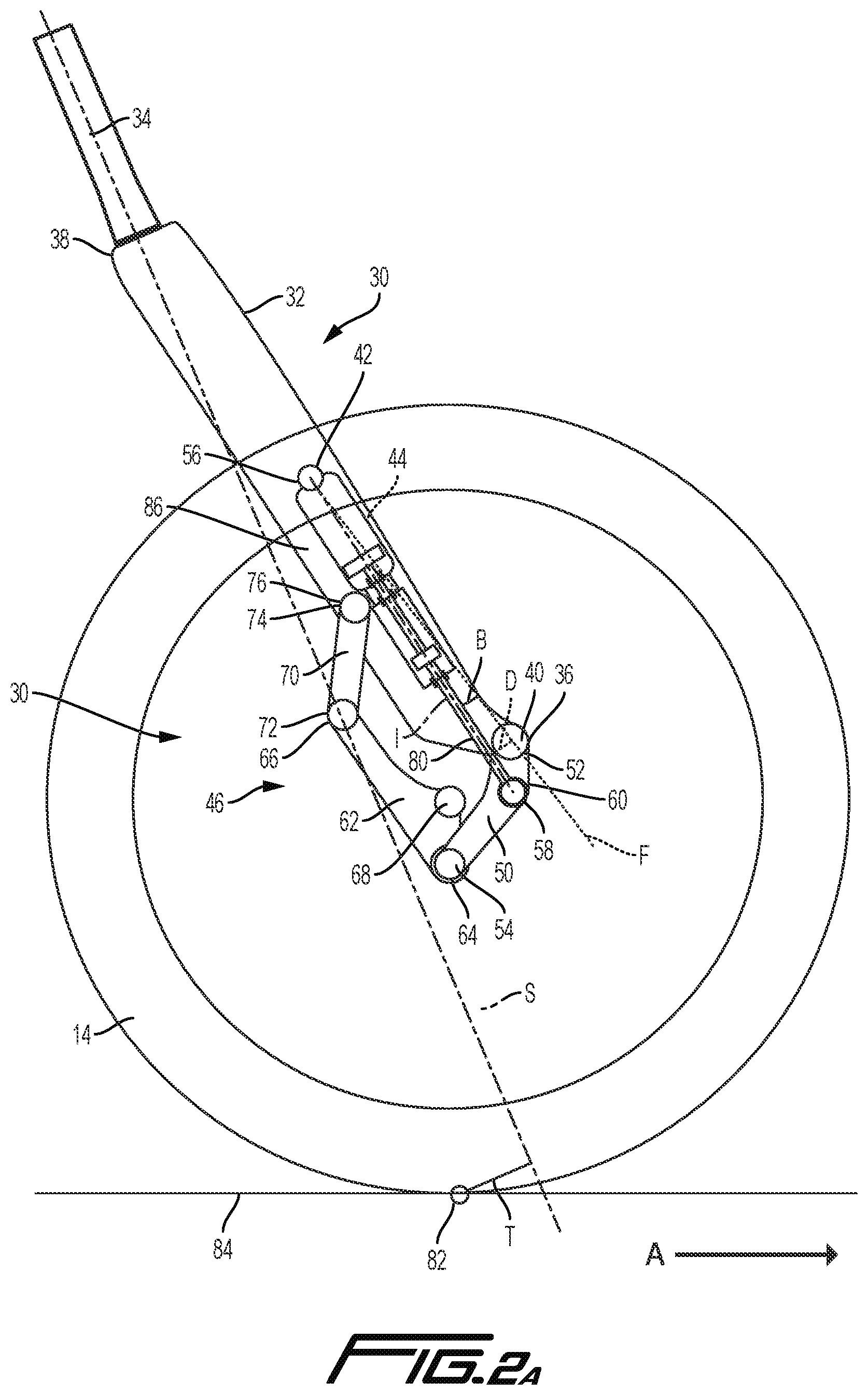 Patent US12319381 Figure 3 – Trailing link cycle wheel suspension assembly having gas pistons with unequal gas piston areas