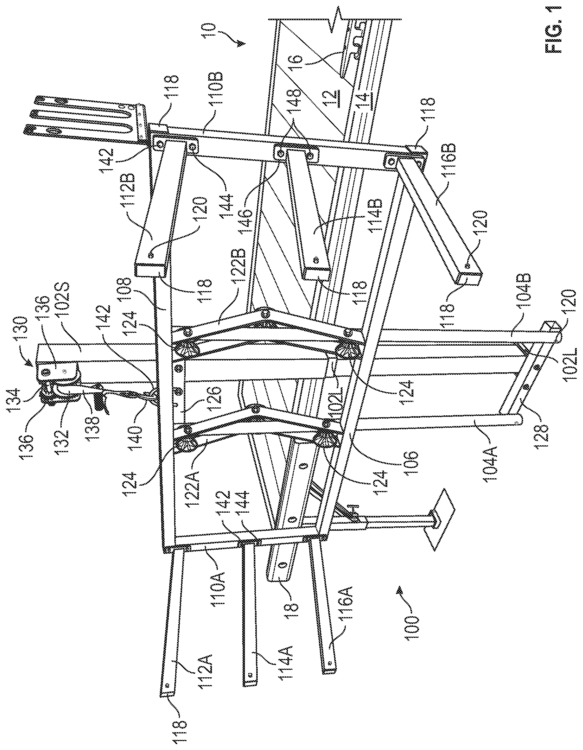 Patent US12319390 Figure 1 – Adjustable rack for recreational equipment used on lakes