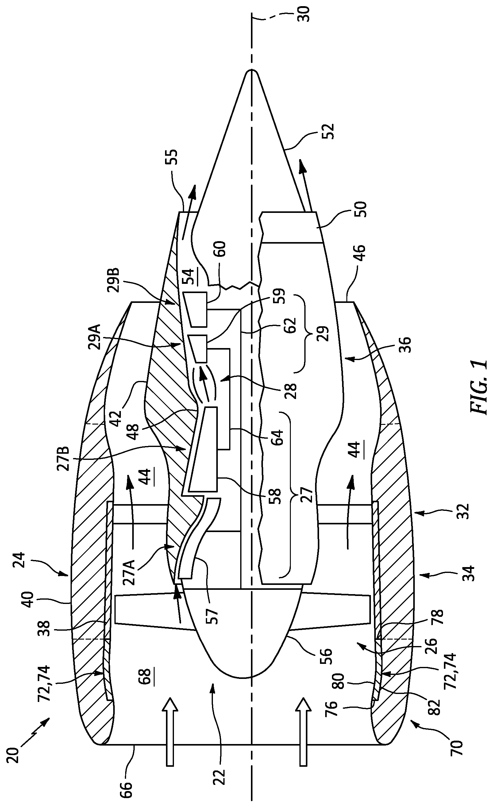 Patent US12319425 — Multi-core acoustic panel for an aircraft propulsion system — Figure 1