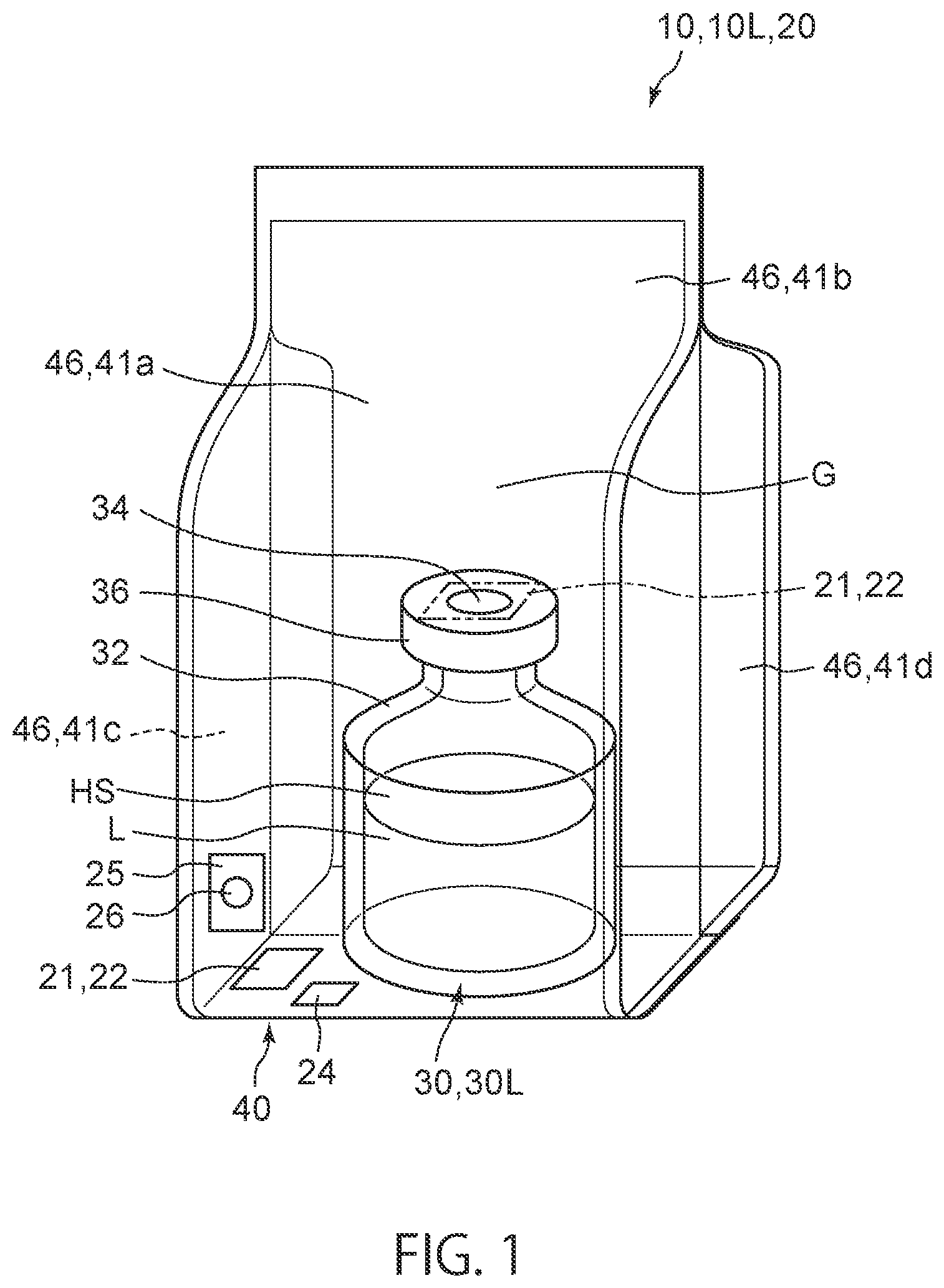 Patent US12319487 Figure 1 – Liquid-containing combination container, container set, and method of manufacturing liquid-containing container