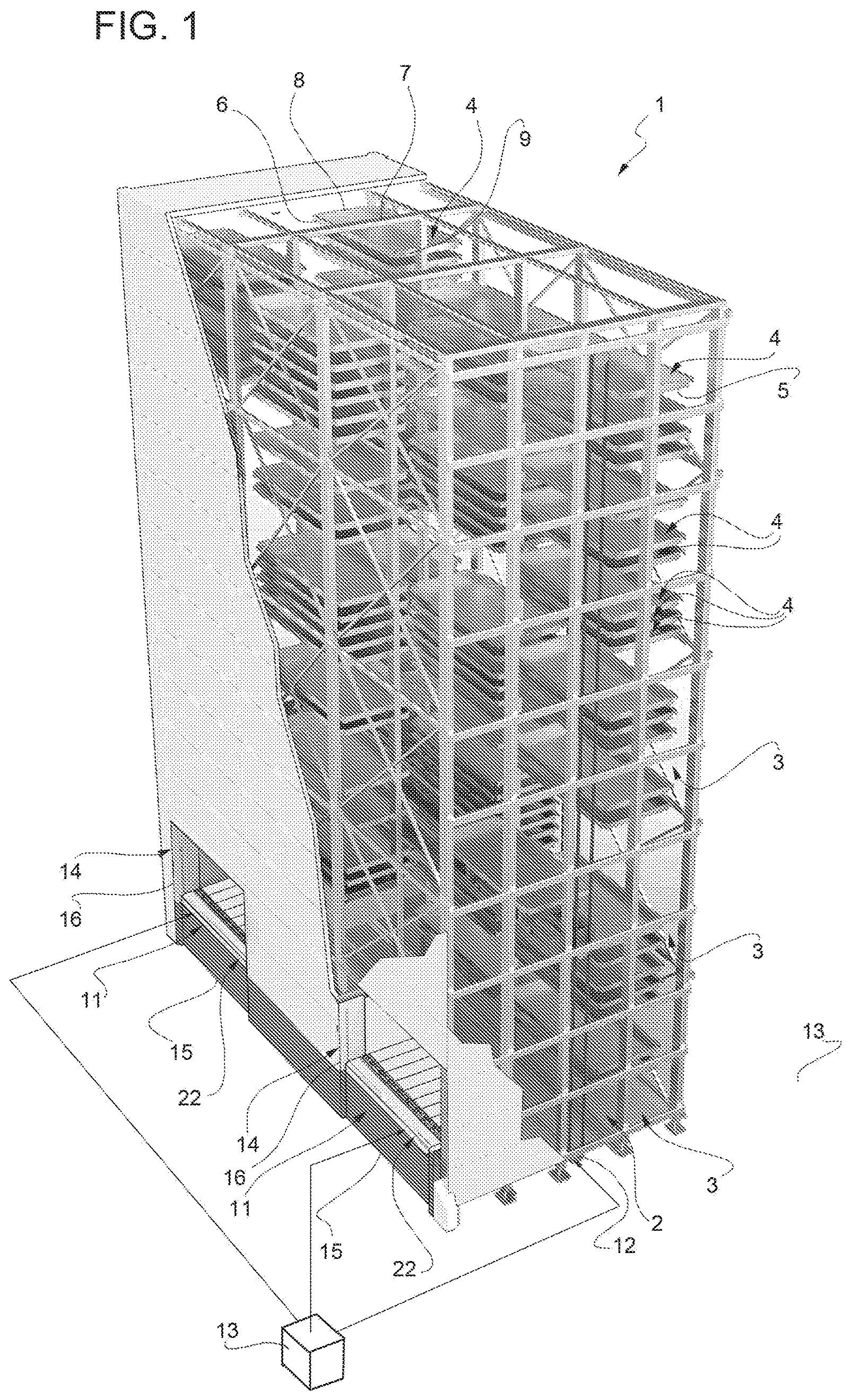 Patent US12319505 Figure 1 – Selective access device for a picking/deposit station in a warehouse, and picking/deposit station provided with such selective access device