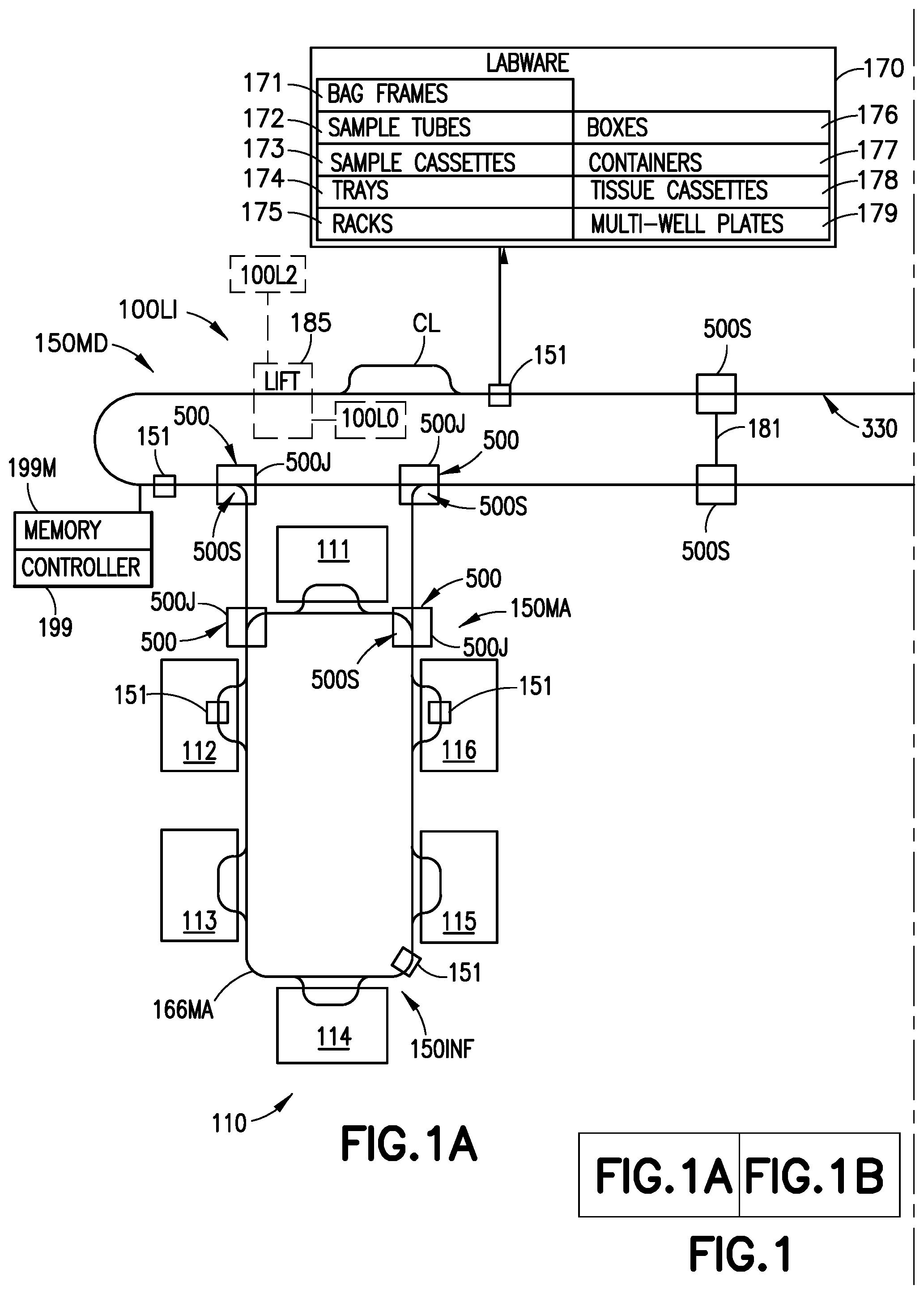 Patent US12319516 — Overhead labware transport system — Figure 1
