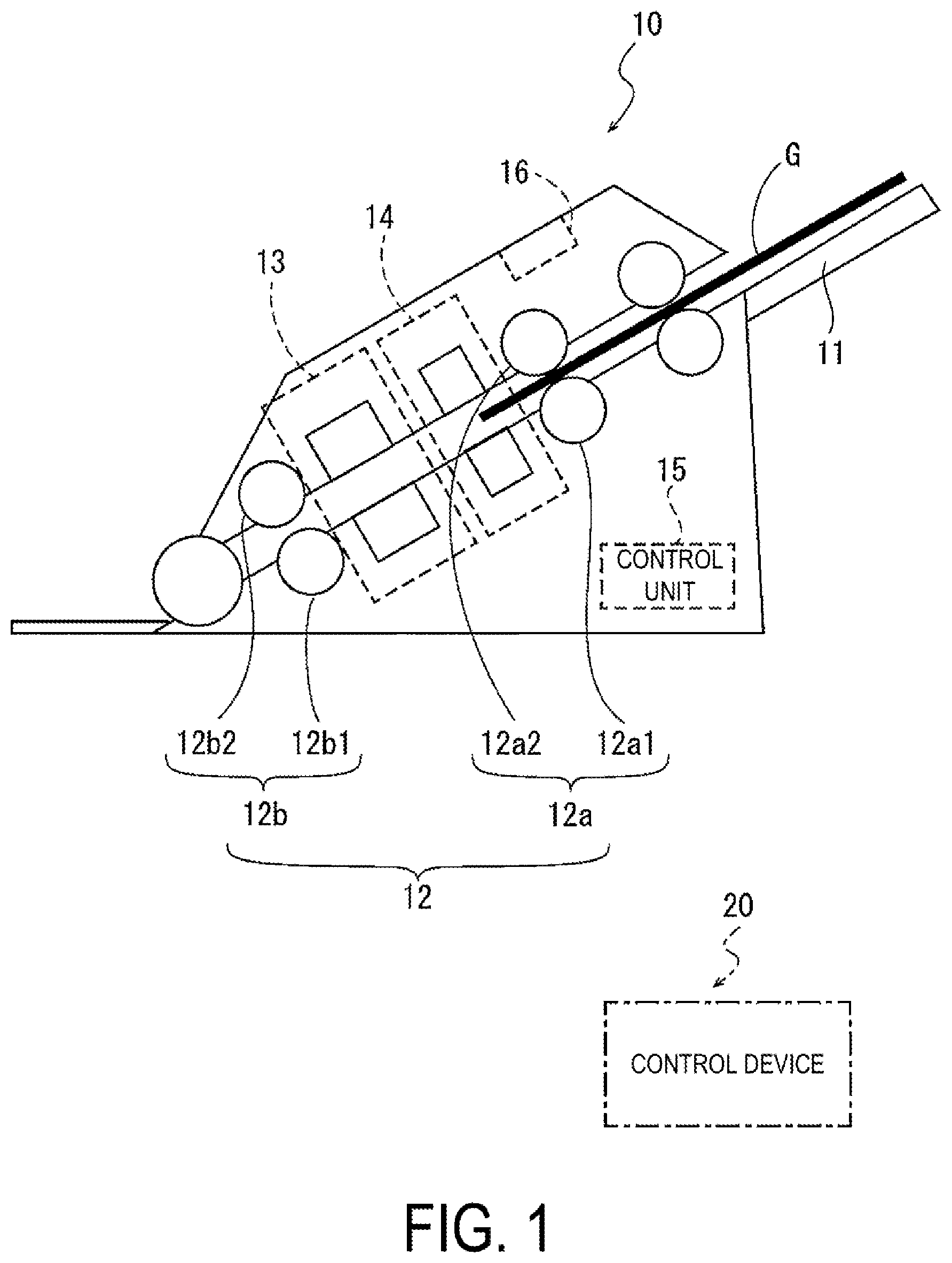 Patent US12319536 — Document transport device, document transport method, and document transport control system — Figure 1