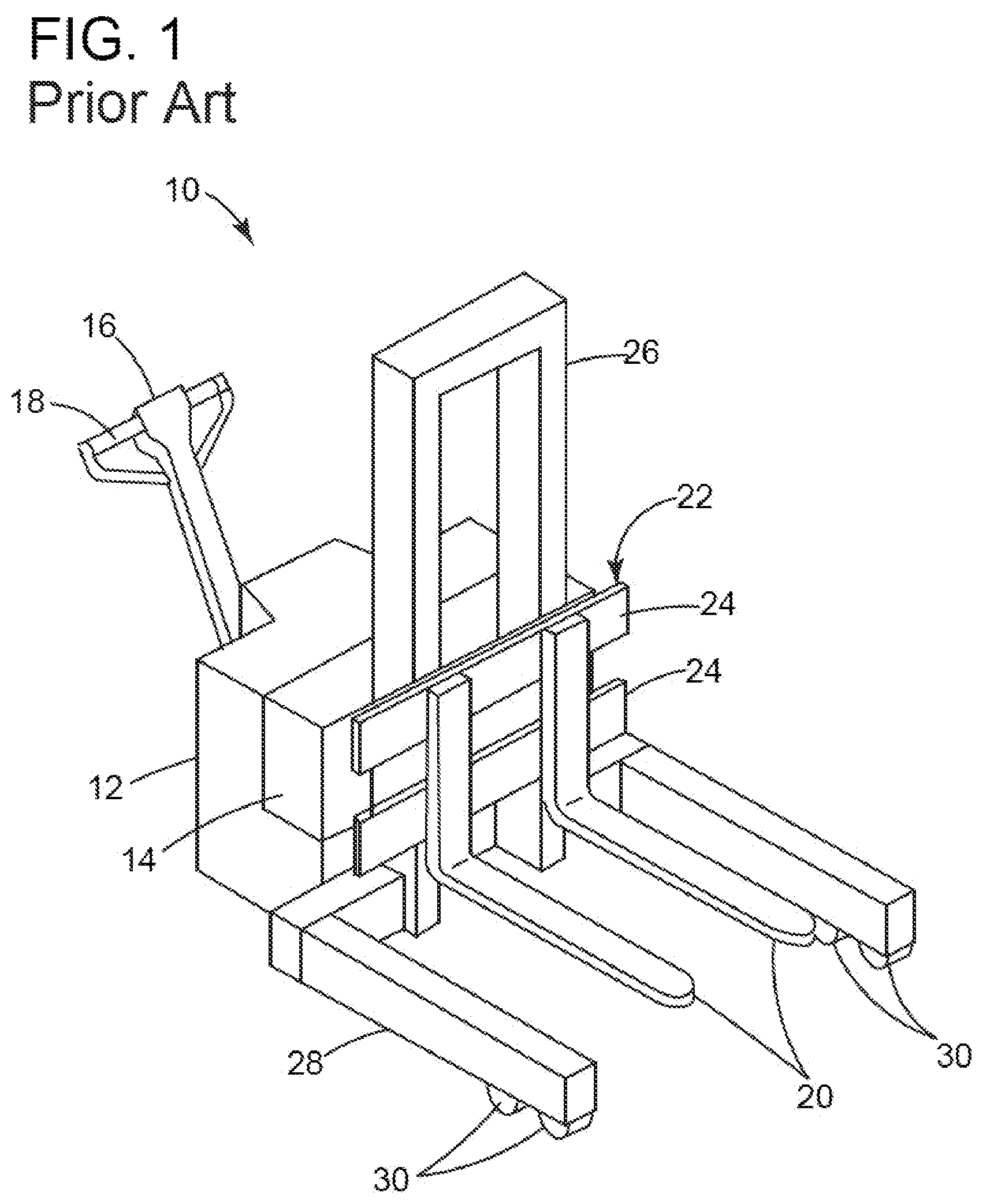 Patent US12319552 — Two-post vehicle lift and adapter system for material handling vehicles — Figure 1