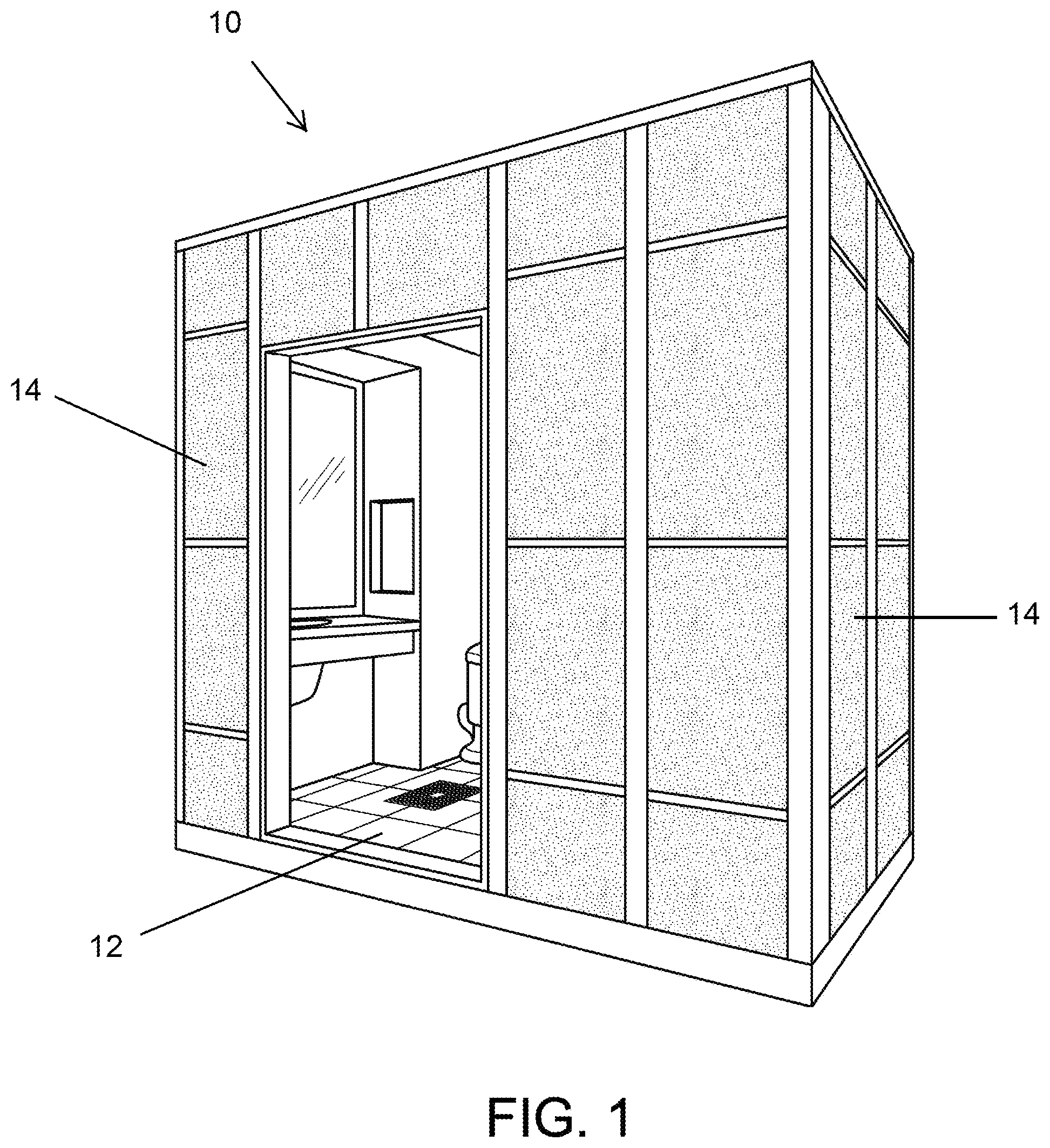 Patent US12320112 — Modular drain assembly for pod constructed room — Figure 1