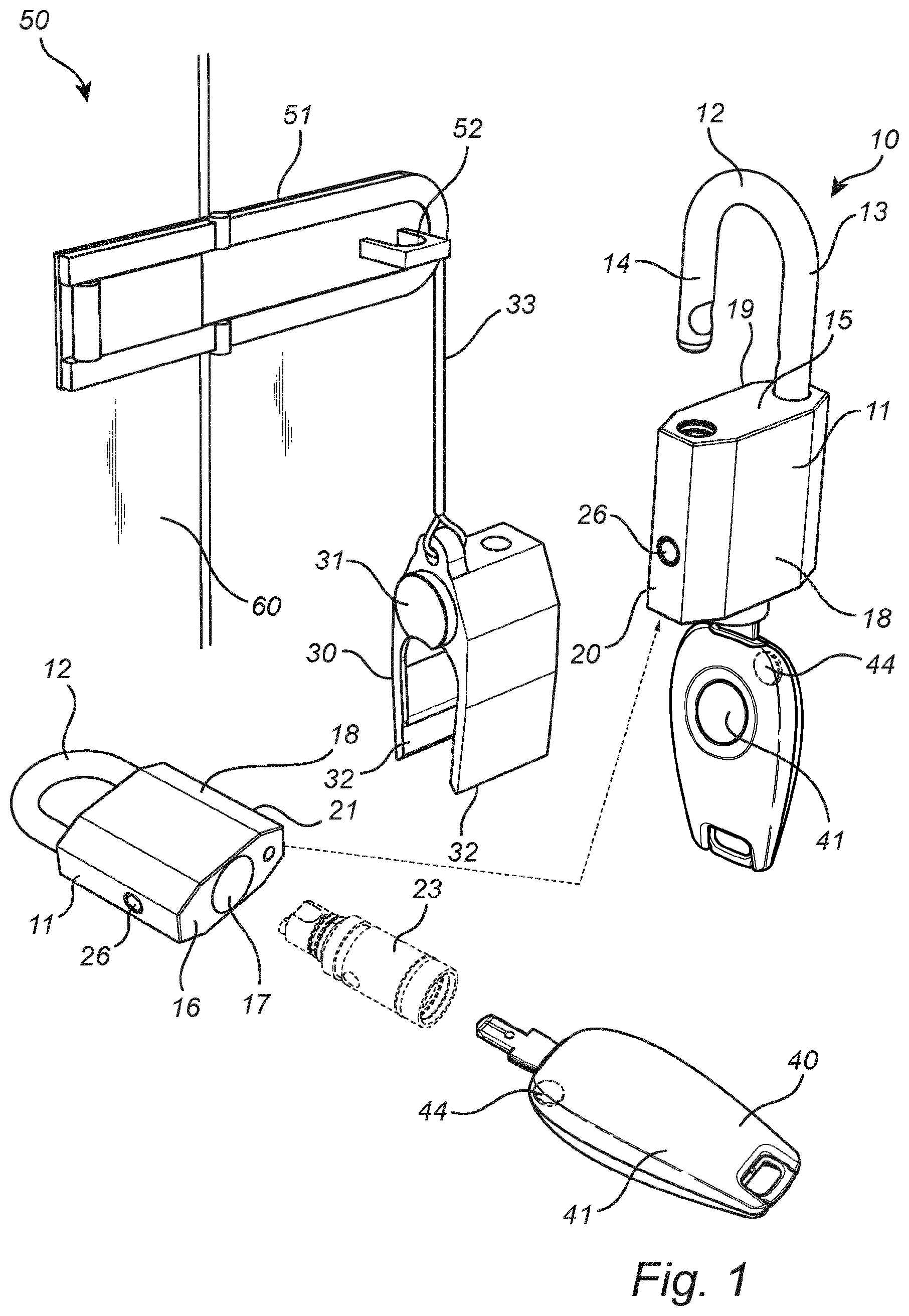 Patent US12320153 — Arrangement and method for providing status of an electromagnetic padlock — Figure 1