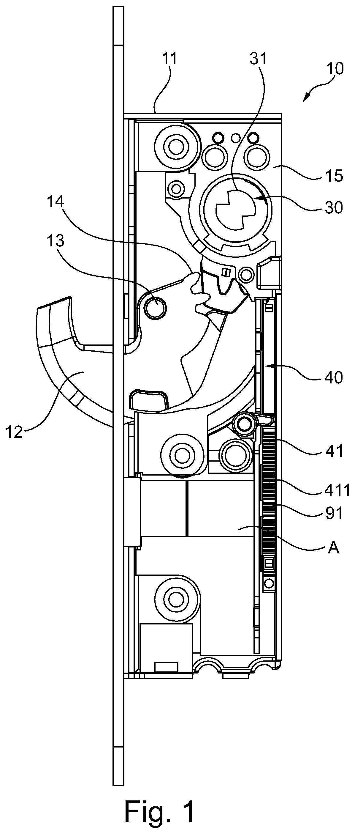 Patent US12320155 Figure 1 – Locking device for mechanical and non-mechanical activation of a locking bolt