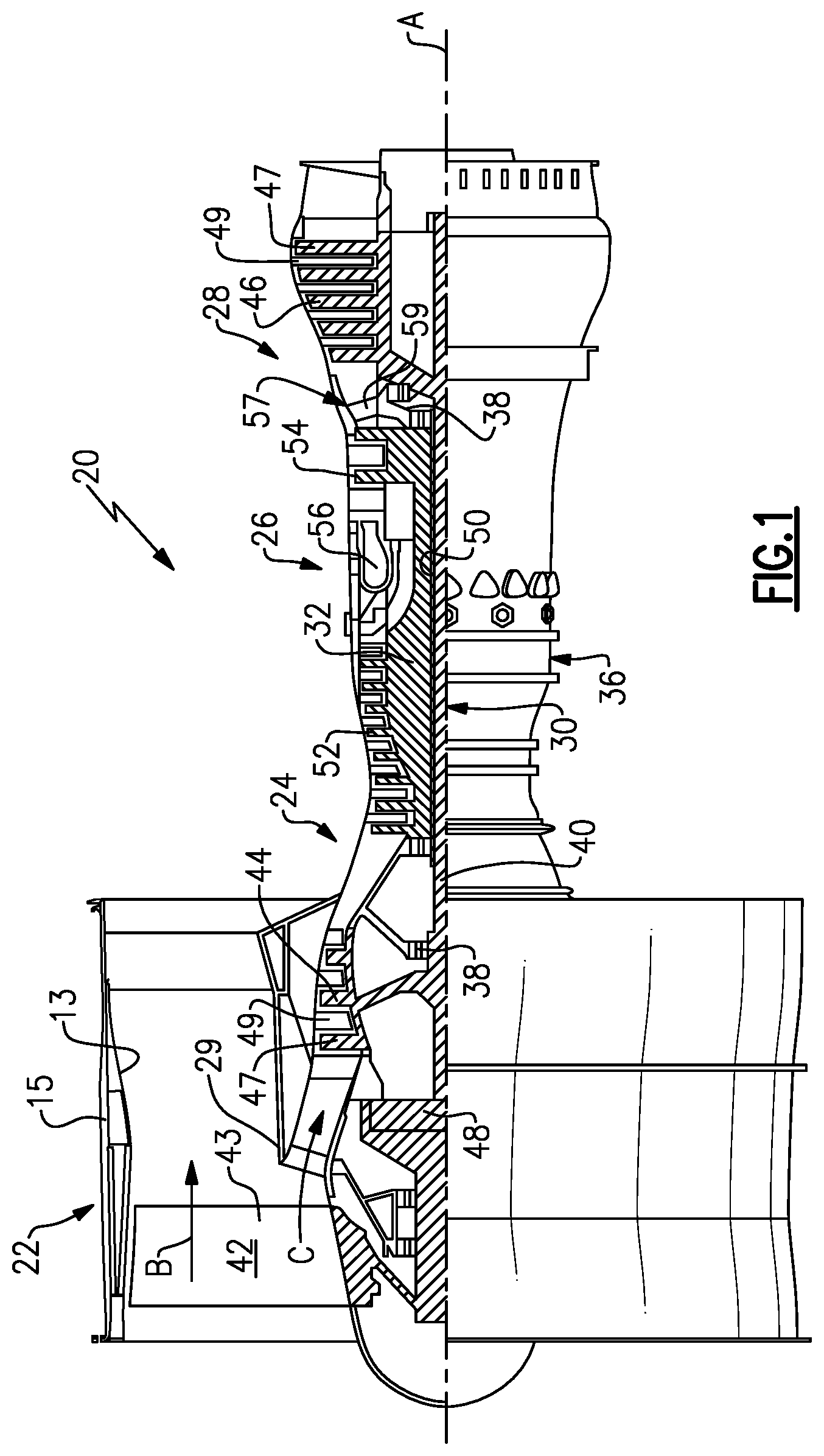 Patent US12320258 — Blade outer air seal with large radius of curvature mount hooks — Figure 1