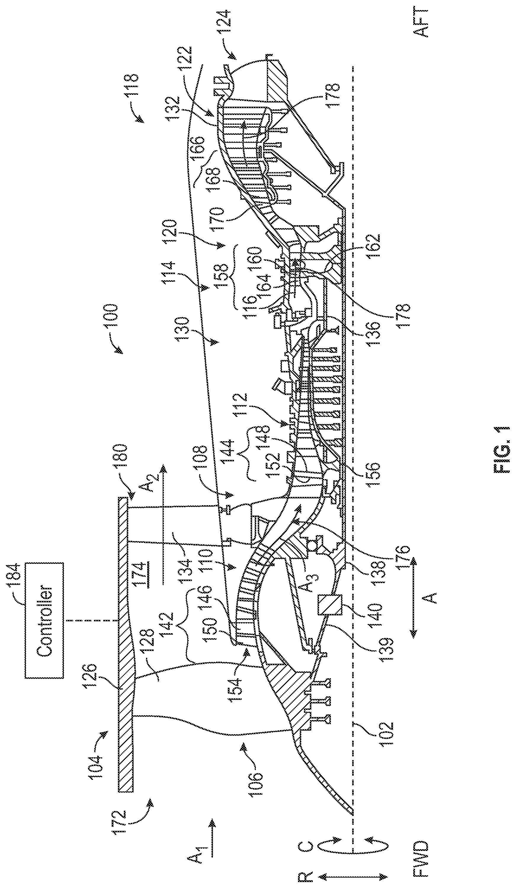 Patent US12320261 — Gas turbine engine having a hydraulic fan brake — Figure 1