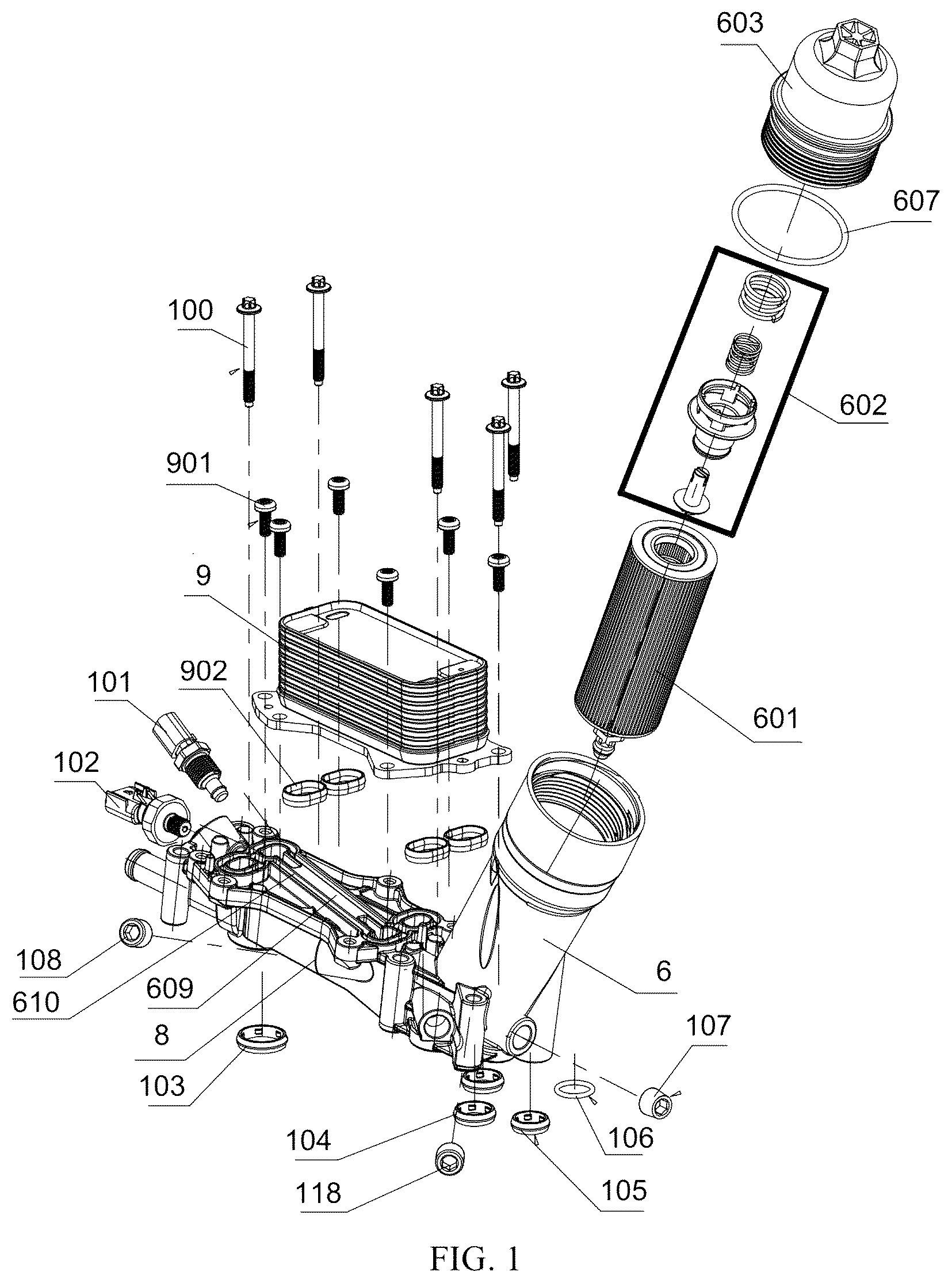 Patent US12320279 Figure 1 – Structure of oil channel of oil filter base assembly in vehicle