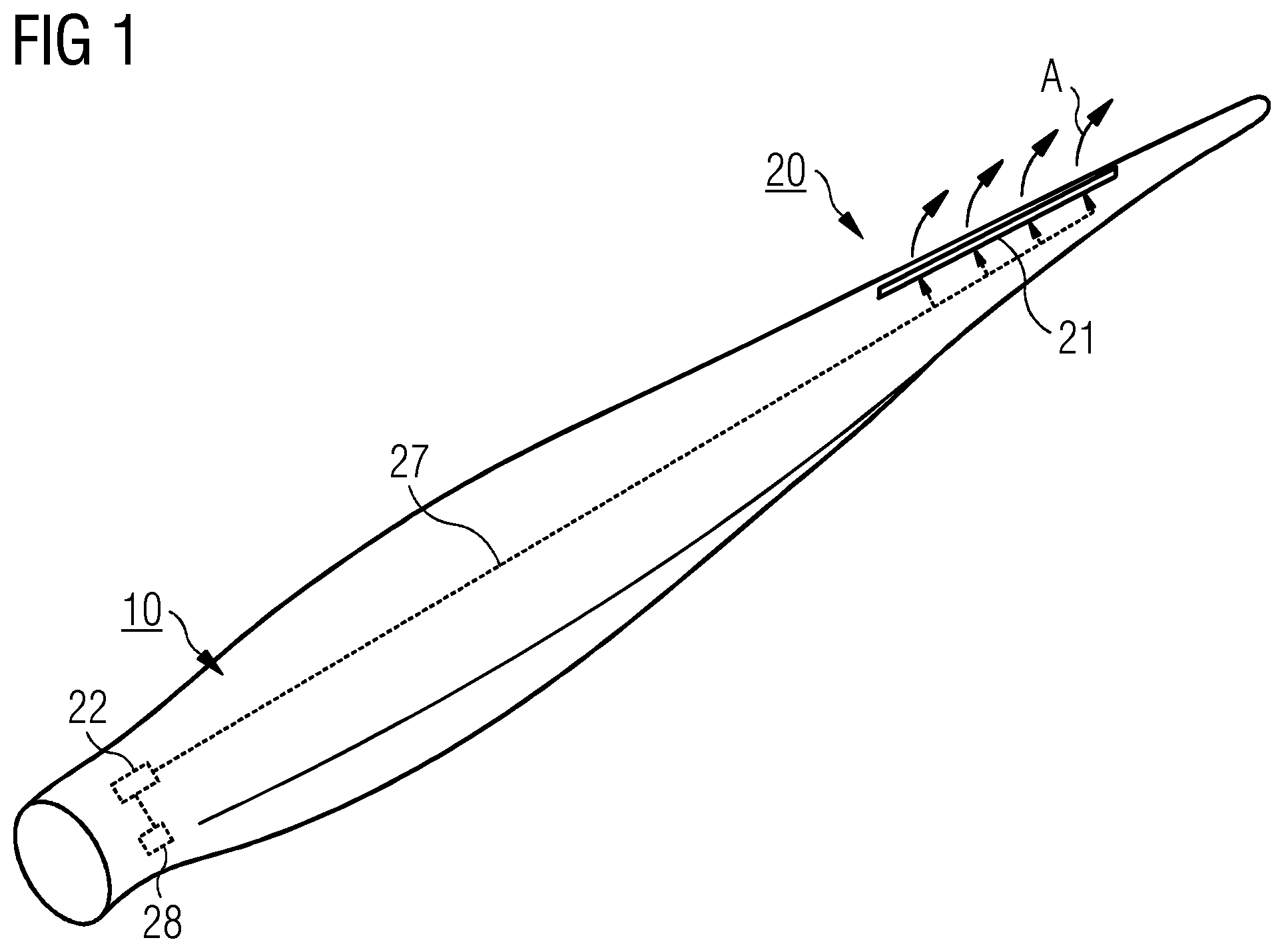 Patent US12320327 — Lift modifying device for a rotor blade, rotor blade of a wind turbine and method for modifying the lift of a rotor blade — Figure 1