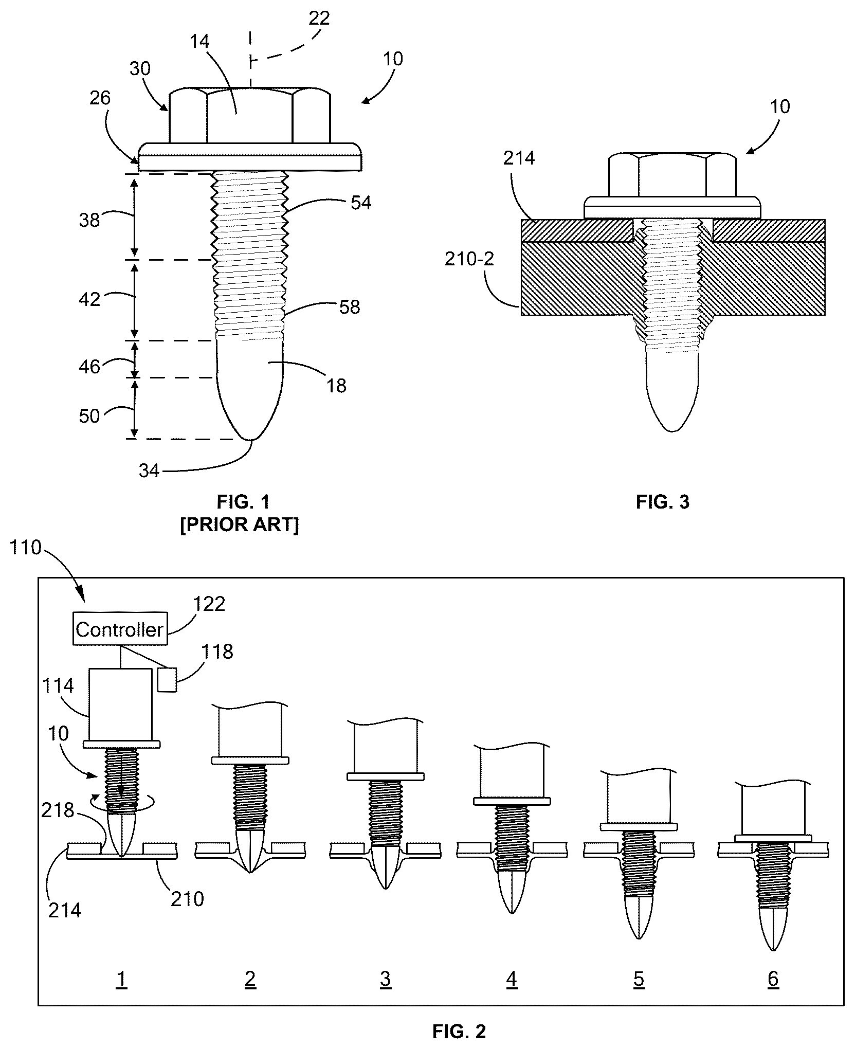 Patent US12320377 Figure 1 – Flow drill screw installation method to reduce installation torque and permit installation into thick materials